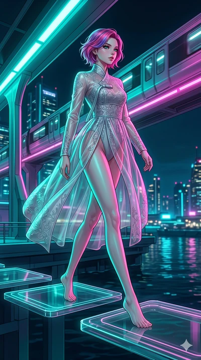 score_9, masterpiece, best quality, ultra-detailed, high-budget anime keyframe, editorial fashion photography, tasteful artistic composition, Caucasian woman, strictly human ears. low angle full-body shot from head to toe showing her feet, filling th