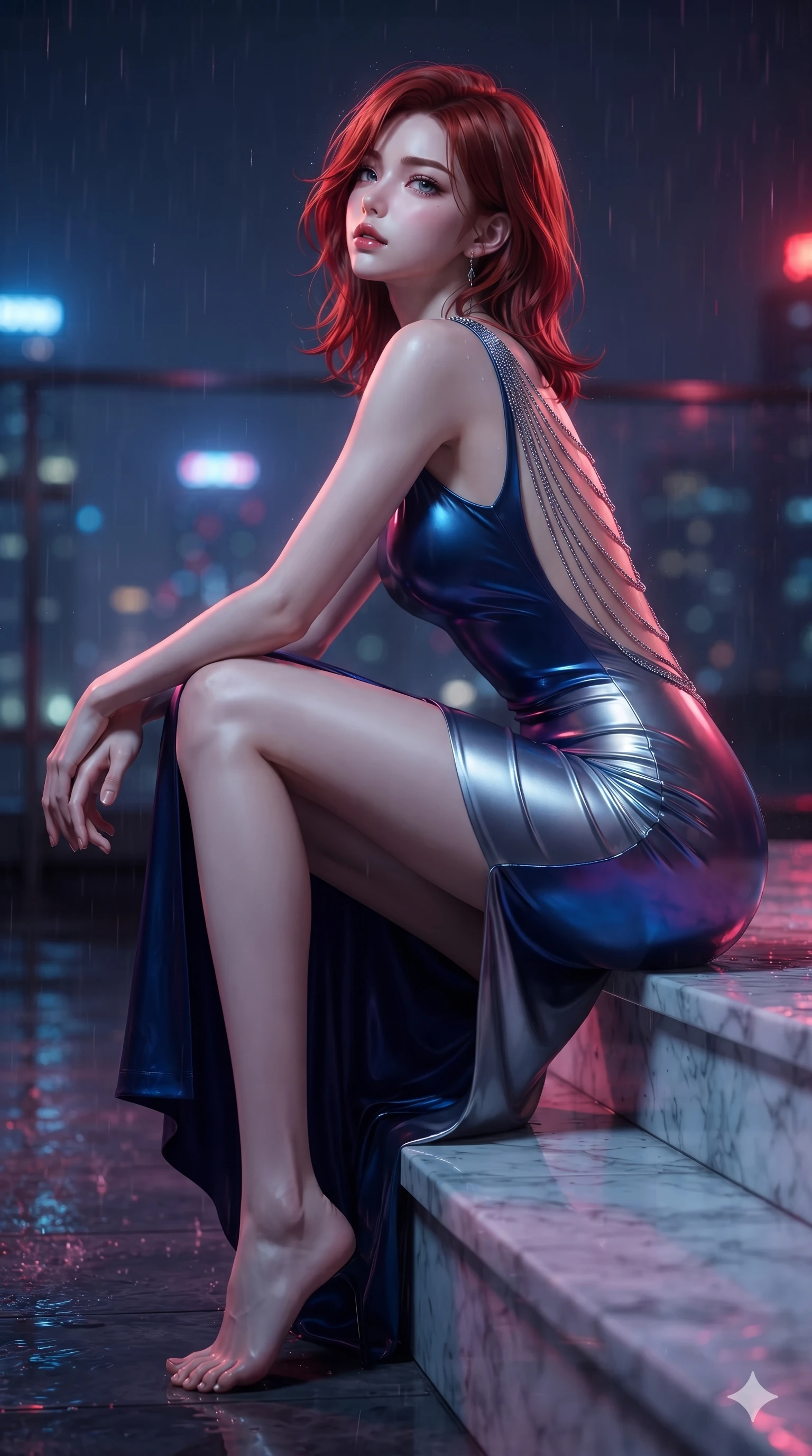 score_9, masterpiece, best quality, ultra-detailed, high-budget anime keyframe, editorial fashion photography, tasteful artistic composition, Korean woman. low angle full-body shot from head to toe showing her feet, filling the entire 9:16 vertical frame with her statuesque presence, stretching her vertical silhouette. sitting poised on the Carrara marble steps with one knee bent, arching her spine with supermodel elegance as she glances upward through thick eyelashes while crouching gracefully on the rain-slicked balcony deck, glancing back with smoldering bedroom-eyes as neon reflections wash over her dress. The background shows a soft-focus rain-slicked urban night atmosphere softened in Shanghai rooftop balcony shallow focus. She has an exceptionally tall and slender model-like 8.5-heads proportion, an ultra-slim waist, a flat toned midriff, narrow delicate ribcage, and beautifully sculpted feminine hips creating a graceful, slim hourglass silhouette without any bulky heaviness, with impossibly long slender legs. sharp v-shaped jawline, high-bridge nose, intricate jewel-like sparkling eyes with depth, thick eyelashes, glossy parted lips with a natural sheen, intensely captivating and seductive bedroom-eyes expression, exuding both youthful cute charm and sovereign luxury allure, flawlessly proportioned anatomical accuracy, strict slender model proportions, natural body alignment, perfectly sculpted long slender limbs, ultra-slim waistline, clean dynamic posture without body distortion. wearing a form-fitting liquid mercury jersey evening dress clinging smoothly to her narrow waist and rounded hips in midnight sapphire blue and liquid platinum, made of fluid liquid jersey with seamless sculpting hold and smooth contours, accented with an open-back drape framed by falling strands of delicate chrome chains, the glove-like clinging cut tightly following the natural contour of her hips and long slender legs with youthful 8.5-heads elegance. illuminated by rain puddle bounce and sharp scarlet-violet rim lights sculpting her razor-sharp jawline, narrow waist, and curvy hips. ultra-reflective glossy finish, specular highlights, rich textural contrasts, high-contrast stereoscopic depth, volumetric dynamic lighting, 2k, ultra detail, master piece, 9:16 ratio