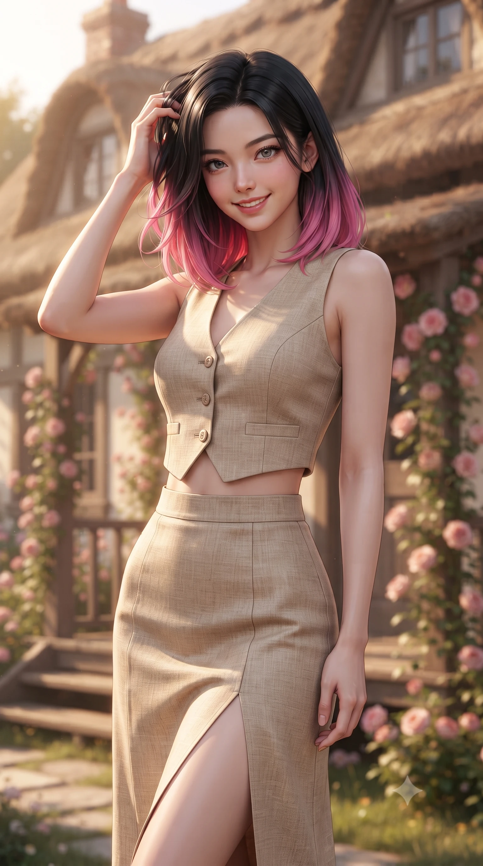 score_9, masterpiece, best quality, ultra-detailed, high-budget anime keyframe, editorial fashion photography, tasteful artistic composition, Korean woman woman. close-up cowboy shot from the waist and thighs up, the character dominates the composition, filling the frame with her large presence, background elements kept in soft focus. smiling with quiet, magnetic self-assurance directly into the camera, running a hand through her hair the background shows a soft-focus the front porch of a charming thatched-roof cottage covered in climbing pink roses. She has an exceptionally elegant, slender, and willowy female figure with an ultra-slim waist, a gracefully sculpted slender torso, and a refined silhouette. sharp v-shaped jawline, high-bridge nose, intricate jewel-like eyes with depth, thick eyelashes, glossy lips with a natural sheen. wearing a slim-fit tailored vacation outfit of a linen crop vest and a matching side-slit midi skirt. warm morning sunbeams highlighting the rustic wooden door and flowers. ultra-reflective glossy finish, specular highlights, metallic sheen, high-contrast stereoscopic depth, volumetric dynamic lighting, 2k, ultra detail, master piece, 9:16 ratio