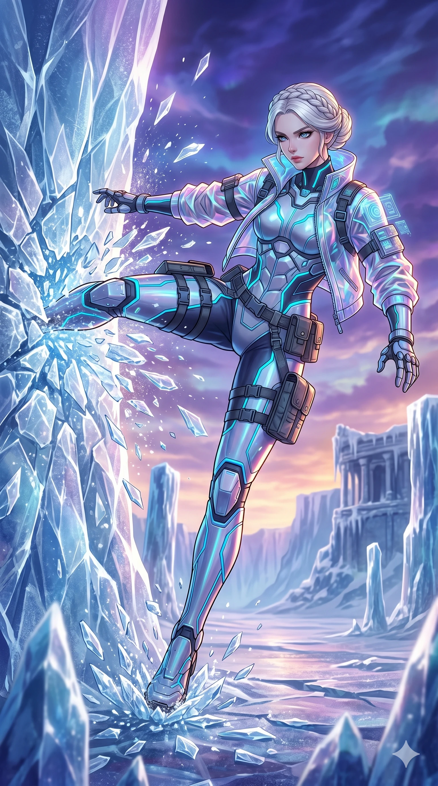 score_9, masterpiece, best quality, ultra-detailed, high-budget anime movie keyframe, cinematic anime lighting, intricate line art, Korean woman. Low angle cowboy shot capturing a powerful motion and statuesque presence. shattering a wall of ice with a powerful kick in a frozen wasteland. She has an absolutely perfect 8-heads proportion, an exceptionally tall and slender female figure with graceful and slender proportions. strictly human anatomy, two legs only, no extra limbs, clearly defined legs and arms, perfect anatomy, perfect hands and fingers. sharp v-shaped jawline, high-bridge nose, intricate jewel-like eyes, thick eyelashes, glossy lips. Wearing Tech-Fantasy: Cybernetic tech-suit with glowing seams, translucent jacket over a bodysuit, and modular tactical gear. The scene is illuminated by dramatic atmospheric lighting and vibrant color palettes. , 2k, ultra detail, master piece, 9:16 ratio