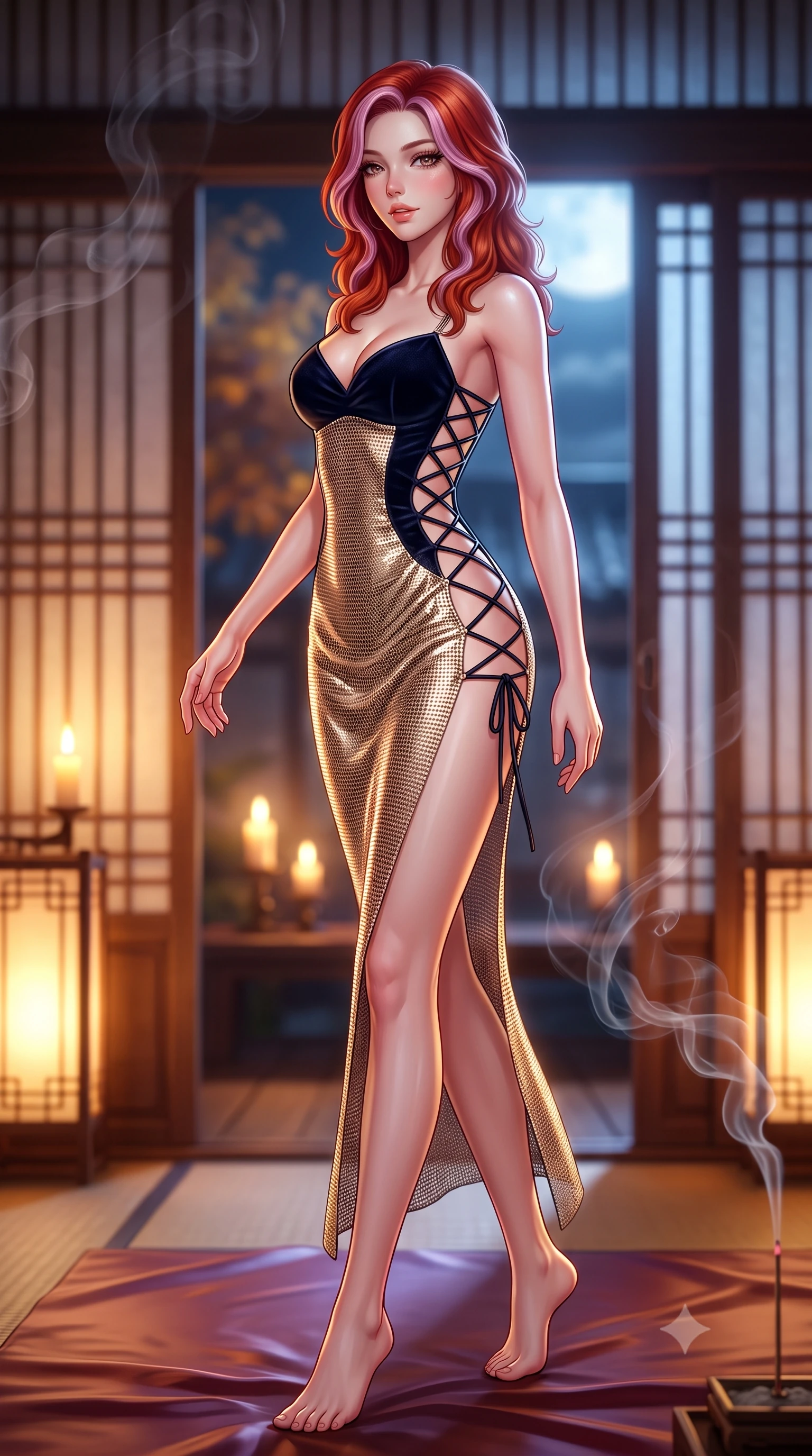 score_9, masterpiece, best quality, ultra-detailed, high-budget anime keyframe, semi-realistic 3D game render, editorial fashion photography, tasteful artistic composition, Caucasian woman. low angle full-body shot from head to toe showing her feet, filling the entire 9:16 vertical frame with her statuesque presence, stretching her vertical silhouette. stepping slowly toward the camera with hypnotic grace, hips swaying in an alluring sensual rhythm that accentuates her curvy hourglass silhouette and long slender legs while kneeling gracefully on the silk floor mat with hips angled back, glancing back with an alluring, parted-lip smile as incense curls into the air. The background shows a soft-focus warm candlelight glowing through translucent hanji paper doors softened in peaceful autumnal shallow focus. She has an absolutely perfect, statuesque 8.5-heads proportion, an exceptionally tall and slender model-like female figure with impossibly long slender legs, an ultra-slim waist, a flat toned midriff, narrow delicate ribcage, and beautifully sculpted feminine hips creating a graceful, slim hourglass silhouette without any bulky heaviness. sharp v-shaped jawline, high-bridge nose, sparkling eyes with hypnotic seductive depth, thick curled eyelashes, glossy parted lips with a natural dewy peach sheen, alluring bedroom-eyes with an enchanting coquettish smile, exuding magnetic siren charisma and sophisticated glamour, flawlessly proportioned anatomical accuracy, strict slender model proportions, natural body alignment, perfectly sculpted long slender limbs, ultra-slim waistline, clean dynamic posture without body distortion. wearing a deep sweetheart-neckline velvet bodycon dress with sheer side-torso cutouts accentuating her hourglass curves in midnight obsidian black and shimmering liquid champagne gold, crafted from shimmering fluid chainmail mesh reflecting ambient neon lights, featuring fine criss-cross lace-up side ties revealing tantalizing glimpses of her hip curve, the second-skin tailored fabric adhering flawlessly to her sculpted flat midriff and slender torso, emphasizing her long leg lines and perfectly proportioned willowy build. bathed in warm golden candlelight glowing from within the interior room mixed with cool moonlight fill. highly saturated vibrant anime colors, detailed shading with soft gradients, rich glossy textures, high-contrast stereoscopic depth, volumetric dynamic lighting, master piece, 9:16 ratio
