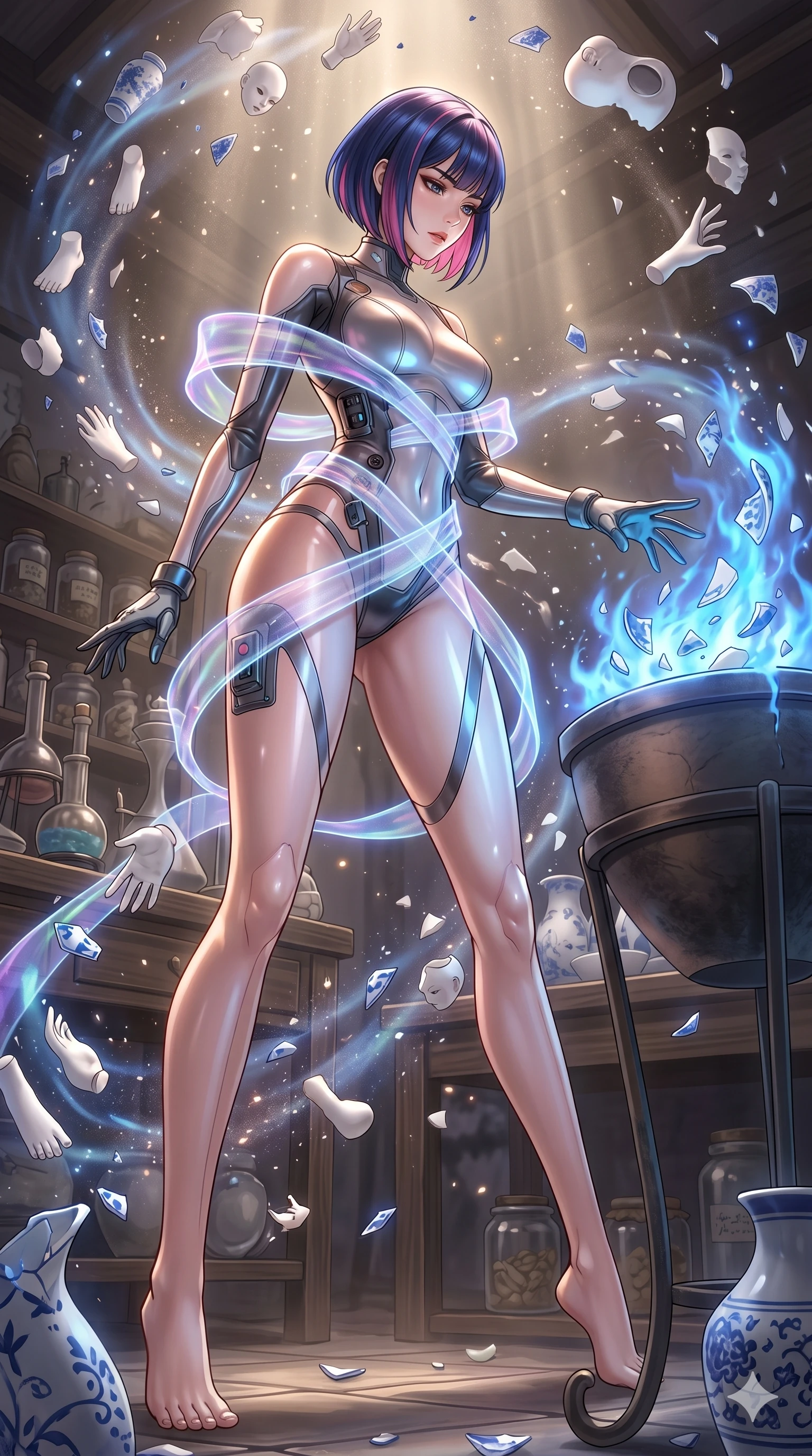 score_9, masterpiece, best quality, ultra-detailed, high-budget anime keyframe, Korean woman. low angle full-body shot filling the entire 9:16 frame with her statuesque presence, stretching the vertical silhouette. assisting in an alchemical porcelain workshop where floating white bisque doll parts and blue porcelain shards swirl amidst blue alchemical flames. She has an absolutely perfect 8-heads proportion, an exceptionally tall and slender female figure with impossibly long slender legs and an ultra-slim waist. V-shaped jawline, high-bridge nose, intricate jewel-like eyes with depth, thick eyelashes, glossy lips with a natural sheen.. wearing a cybernetic bodysuit with a holographic ribbon, featuring a skin-tight contouring bodysuit wrapped in a translucent flowing holographic organza ribbon. illuminated by dramatic chiaroscuro casting soft shadows along her curves, with vibrant backlighting highlighting the dust particles. 2k, ultra detail, master piece, 9:16 ratio