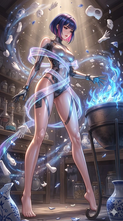 score_9, masterpiece, best quality, ultra-detailed, high-budget anime keyframe, Korean woman. low angle full-body shot filling the entire 9:16 frame with her statuesque presence, stretching the vertical silhouette. assisting in an alchemical porcelai