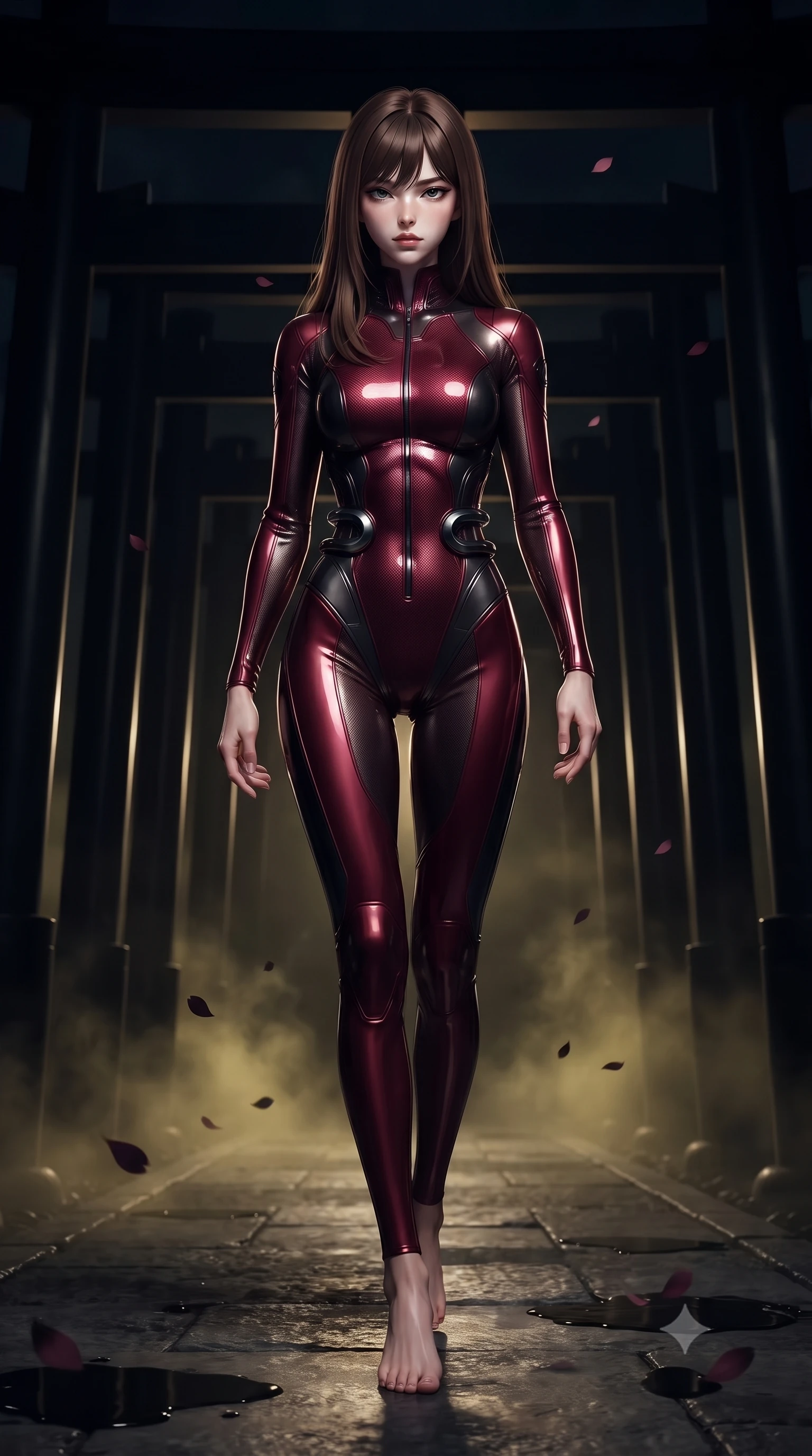 score_9, masterpiece, best quality, ultra-detailed, high-budget anime keyframe, editorial fashion photography, tasteful artistic composition, Korean woman. low angle full-body shot from head to toe showing her feet, filling the entire 9:16 vertical frame with her statuesque presence, stretching her vertical silhouette. stepping gracefully through the dark environment, stretching her statuesque silhouette, walking through a endless corridor of black lacquer Torii gates at midnight, black sakura petals floating gracefully down into dark shadow puddles. She has an absolutely perfect, statuesque 8.5-heads proportion, an exceptionally tall and slender model-like female figure with impossibly long slender legs and an ultra-slim waist. sharp v-shaped jawline, high-bridge nose, intricate jewel-like eyes with depth, thick eyelashes, glossy lips with a natural sheen. wearing second-skin matte carbon-fiber combat suit in onyx black in deep crimson burgundy, made of liquid dark mercury jersey, accented with sculpted obsidian chrome rings at the waist, sculpting her athletic slender build with refined precision. bathed in eerie gold mist glow and deep dark shadow silhouettes. ultra-reflective glossy finish, specular highlights, metallic sheen, high-contrast stereoscopic depth, volumetric dynamic lighting, 2k, ultra detail, master piece, 9:16 ratio