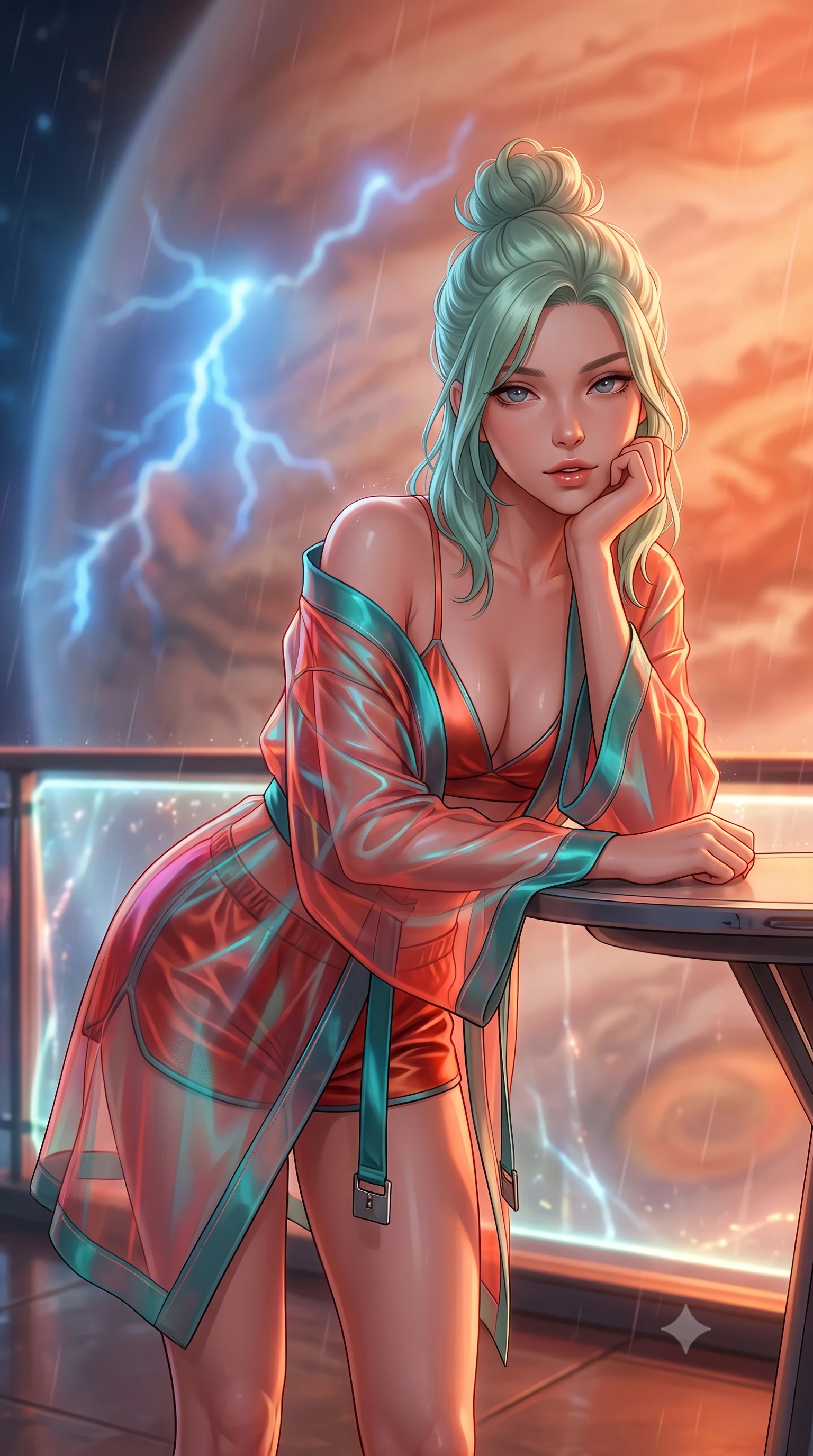 score_9, masterpiece, best quality, ultra-detailed, high-budget anime keyframe, semi-realistic 3D game render, editorial fashion photography, tasteful artistic composition, Japanese woman. close-up cowboy shot from the waist and thighs up, the character dominates the composition, filling the frame with her large presence. resting one elbow on the table and supporting her chin, leaning close to the camera with heavy-lidded sparkling eyes and parted lips while leaning against the plasma-shielded balcony with hips cocked back, watching colossal blue atmospheric lightning flashes with heavy-lidded bedroom-eyes. The background shows a soft-focus plasma shield shimmer softened in gas giant aerostat sanctuary shallow focus. She has an exceptionally elegant, slender, and willowy female figure with an ultra-slim waist, flat toned midriff, narrow ribcage, and sculpted feminine hips creating an alluring, slim hourglass silhouette without bulk. sharp v-shaped jawline, high-bridge nose, intricate jewel-like sparkling eyes with depth, thick eyelashes, glossy parted lips with a natural peach sheen, bright cheerful beaming smile with an enchanting and coquettish sensual glint, exuding both youthful cute charm and seductive allure, flawlessly proportioned anatomical accuracy, strict slender model proportions, natural body alignment, perfectly sculpted long slender limbs, ultra-slim waistline, clean dynamic posture without body distortion. wearing a translucent iridescent organza kimono robe slipping off bare shoulders over a matching satin micro-bralette and shorts in cyber-shinto vermilion and electric teal, tailored from high-density tech-wool with subtle metallic thread weave, finished with sleek magnetic buckle closures fluttering in the breeze, the form-contouring silhouette accentuating her sculpted flat midriff, narrow delicate ribcage, and gracefully curvy hips with intoxicating allure. bathed in rich amber and vermilion planetary atmospheric glow contrasted with sharp intermittent electric-blue lightning flashes. highly saturated vibrant anime colors, detailed shading with soft gradients, rich glossy textures, high-contrast stereoscopic depth, volumetric dynamic lighting, master piece, 9:16 ratio