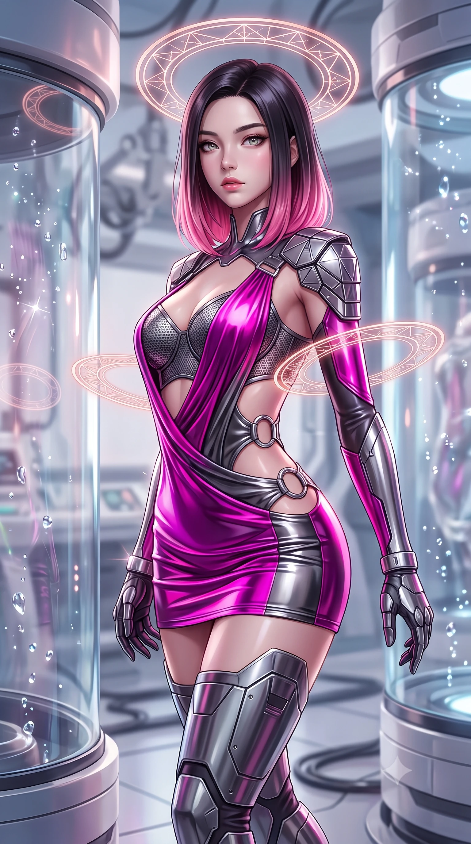 score_9, masterpiece, best quality, ultra-detailed, high-budget anime keyframe, semi-realistic 3D game render, editorial fashion photography, tasteful artistic composition, Korean woman. close-up cowboy shot from the waist and thighs up, the character dominates the composition, filling the frame with her large presence. gazing forward with divine sovereign poise, captivating jewel-like eyes shining with transcendent luminescence and alluring grace while pivoting dynamically beside the curved glass incubator as floating rose-gold holographic ring halos align around her. The composition keeps background elements in soft focus with creamy bokeh. curved crystal incubator cylinders and medical stasis architecture softened in dreamy shallow depth of field. She has an exceptionally elegant, slender, and willowy female figure with an ultra-slim waist, a gracefully sculpted slender torso, toned flat midriff, and a refined slim silhouette. sharp v-shaped jawline, high-bridge nose, intricate jewel-like eyes with depth, thick eyelashes, glossy lips with a natural sheen, flawlessly proportioned anatomical accuracy, strict slender model proportions, natural body alignment, perfectly sculpted long slender limbs, ultra-slim waistline, clean dynamic posture without body distortion. wearing a structured titanium-mesh bustier with geometric shoulder pauldrons and an ultra-slender liquid jersey drape in vibrant electric magenta and ultra-reflective dark titanium, crafted from ultra-reflective second-skin liquid metal with a mirror-like polish, detailed with polished silver rings connecting the daring side-waist cutouts, the liquid-tight tailored fabric emphasizing every curve of her tall, slender model proportions and sculptured silhouette during dynamic movement. illuminated by sparkling fluid droplet refractions and crisp specular highlights tracing her slender curves. rich saturated anime colors with glowing neon highlights, detailed shading with soft gradients, rich glossy textures, high-contrast stereoscopic depth, volumetric dynamic lighting, master piece, 9:16 ratio