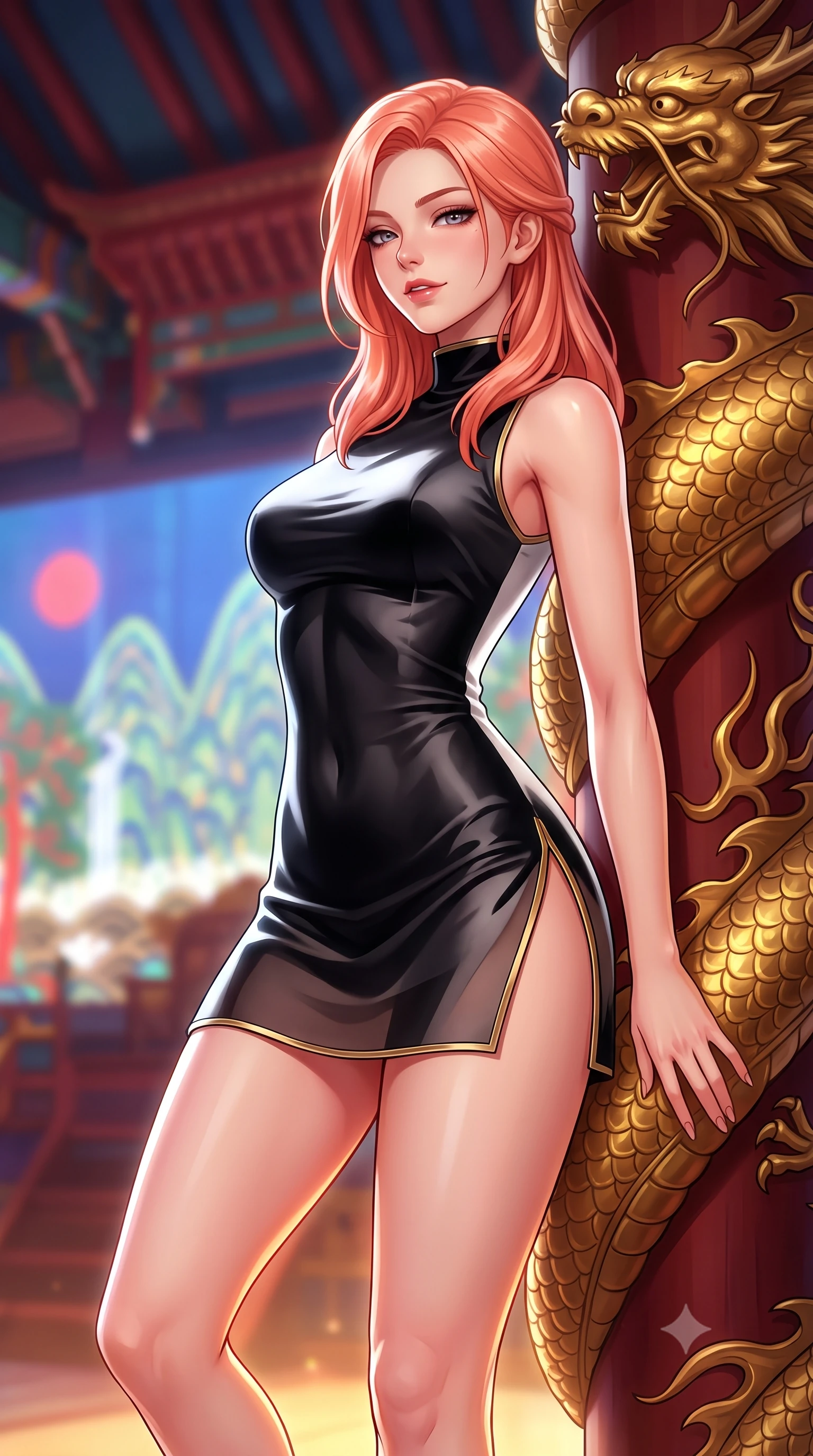 score_9, masterpiece, best quality, ultra-detailed, high-budget anime keyframe, semi-realistic 3D game render, editorial fashion photography, tasteful artistic composition, Japanese woman. close-up cowboy shot from the waist and thighs up, the character dominates the composition, filling the frame with her large presence. leaning back against the red lacquer pillar with relaxed seductive grace, her flat midriff and narrow waist highlighted as warm lantern light traces her curves while leaning against an ornate gilded dragon column with hips cocked back, looking into the camera with an intoxicating, commanding bedroom-gaze. The background shows a soft-focus the colossal holographic Sun, Moon, and Five Peaks screen and soaring royal ceiling rafters blurred into imperial crimson, sapphire, and gold bokeh. She has an exceptionally elegant, slender, and willowy female figure with an ultra-slim waist, flat toned midriff, narrow ribcage, and sculpted feminine hips creating an alluring, slim hourglass silhouette without bulk. sharp v-shaped jawline, high-bridge nose, intricate jewel-like dark sparkling almond eyes with depth, thick lashes, glossy parted lips with a natural rose-plum sheen, bright alluring and coquettish smile with bedroom-eyes, exuding both timeless oriental elegance and sovereign high-fashion allure, flawlessly proportioned anatomical accuracy, strict slender model proportions, natural body alignment, perfectly sculpted long slender limbs, ultra-slim waistline, clean dynamic posture without body distortion. wearing a form-contouring sleeveless turtleneck mini dress in liquid silk satin with subtle side hip ties and high slits in stark monochrome black and white ink contrast, tailored from sheer gossamer silk organza with an airy weightless flutter, finished with sharp laser-cut side hip slits framed by gold piping, the glove-like silhouette tightly following the natural contour of her hips and long slender legs with youthful 8.5-heads elegance. illuminated by under-floor warm uplighting and sharp platinum rim lights carving her razor-sharp jawline, narrow waist, and curvy hips. highly saturated vibrant anime colors, detailed shading with soft gradients, rich glossy textures, high-contrast stereoscopic depth, volumetric dynamic lighting, master piece, 9:16 ratio