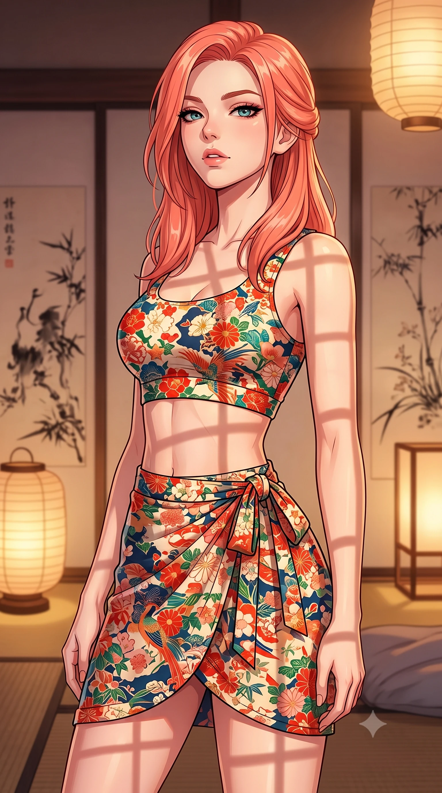 score_9, masterpiece, best quality, ultra-detailed, high-budget anime keyframe, tasteful artistic composition, Japanese woman. close-up cowboy shot from the waist and thighs up, the character dominates the composition, filling the frame with her large presence, background elements kept in soft focus. tilting her chin up slightly with lips parted in a composed, provocative expression the background shows a soft-focus a traditional paper screen bedroom decorated with delicate ink paintings. She has an exceptionally elegant, slender, and willowy female figure with an ultra-slim waist, a gracefully sculpted slender torso, and a refined silhouette. sharp v-shaped jawline, high-bridge nose, intricate jewel-like eyes with depth, thick eyelashes, glossy lips with a natural sheen. wearing a form-contouring summer vacation crop top and wrap skirt set in floral print cotton, showing her slim waist. warm paper lanterns casting soft, diffused grid-like shadow lines. highly saturated vibrant anime colors, cel-shading, 2d style, master piece, 9:16 ratio
