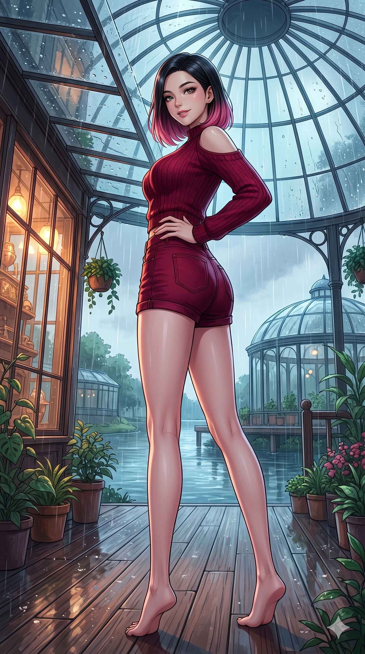 score_9, masterpiece, best quality, ultra-detailed, high-budget anime keyframe, vibrant anime aesthetic, Korean woman. low angle full-body shot from head to toe showing her feet, filling the entire 9:16 vertical frame with her statuesque presence, stretching her vertical silhouette. She is posing with a confident, magnetic smile, one hand on her waist, looking over her shoulder at the camera under the glass conservatory dome. by a scenic river bank deck decorated with potted plants, under an elegant glass canopy in the rain (Code-P22-045). She has an absolutely perfect 8-heads proportion, an exceptionally tall and slender female figure with impossibly long slender legs and an ultra-slim waist. V-shaped jawline, high-bridge nose, intricate jewel-like eyes with depth, thick eyelashes, glossy lips with a natural sheen. wearing a cold-shoulder knit top with a cropped waistline and denim shorts in deep crimson. She is illuminated by dramatic rim lights from a vintage shop window, adding depth to her jewel-like eyes in the cozy indoor garden. 2k, ultra detail, master piece, 9:16 ratio