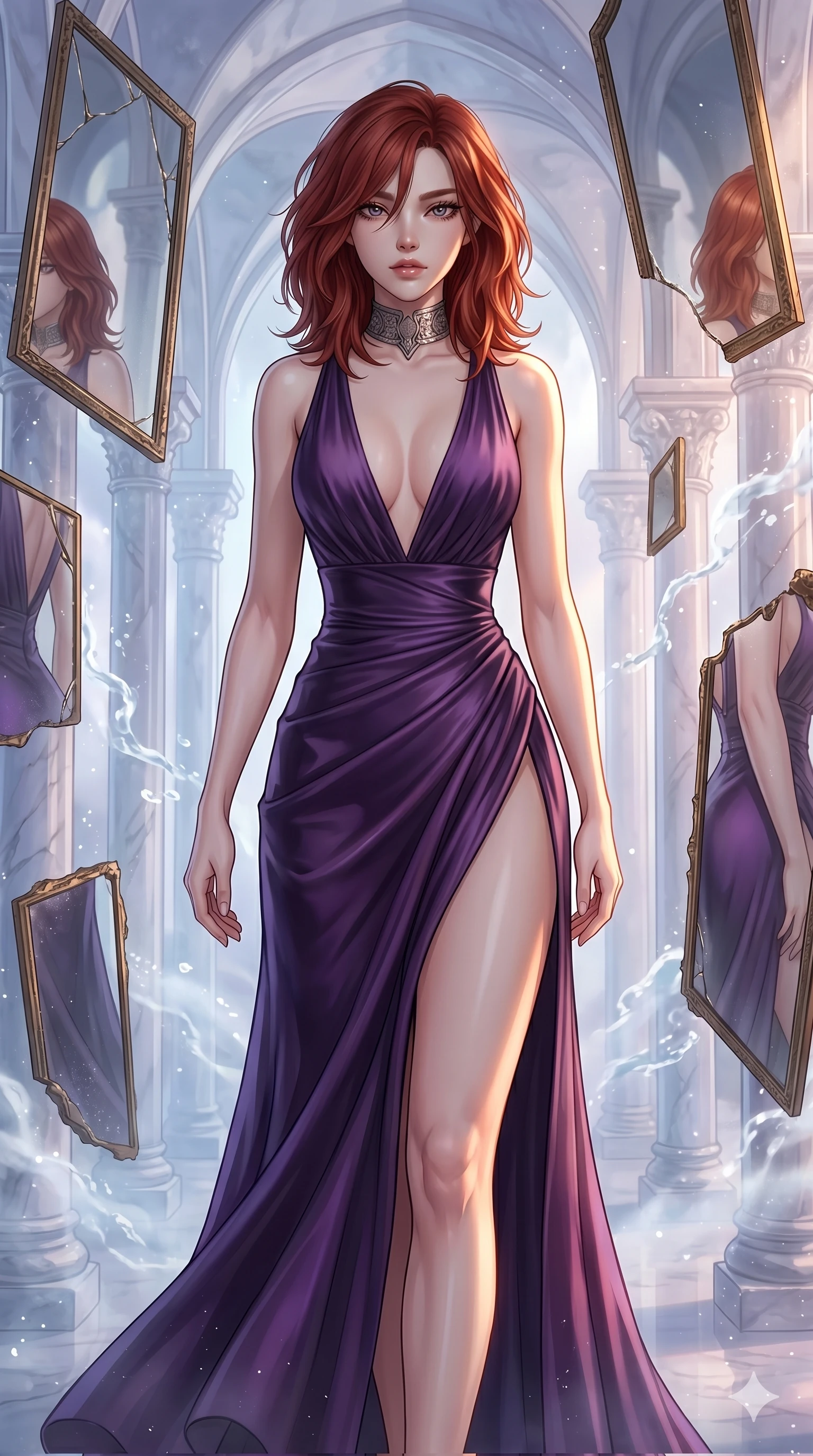 score_9, masterpiece, best quality, ultra-detailed, high-budget anime keyframe, Korean woman. upper body close-up from the thighs up, character filling the screen for maximum presence. wandering through a mirage cloud cathedral of translucent marble and water mist, surrounded by floating ancient bronze mirror walls. She has an absolutely perfect 8-heads proportion, an exceptionally tall and slender female figure with impossibly long slender legs and an ultra-slim waist. V-shaped jawline, high-bridge nose, intricate jewel-like eyes with depth, thick eyelashes, glossy lips with a natural sheen.. wearing a gothic liquid silk gown, featuring a deep purple liquid silk maxi gown draped around her, secured by a metallic choker collar, with a high side slit. lit by a soft glowing ambient light and a sharp side key light that traces the sleek contours of her athletic build. 2k, ultra detail, master piece, 9:16 ratio