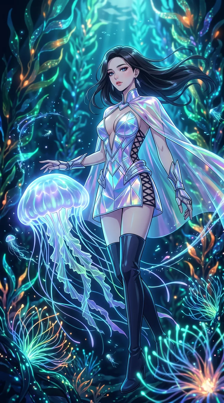 score_9, masterpiece, best quality, ultra-detailed, High-budget Anime Keyframe, vibrant colors, fluid line-art, expressive lighting, cinematic composition, Ufotable-style visual effects, top-tier animation quality, Korean woman with idol-like refined features. Low angle cowboy shot filling the entire 9:16 frame with her statuesque presence, looking up to emphasize her height. Guiding a massive bioluminescent jellyfish through a forest of glowing kelp. She has an absolutely perfect 8-heads proportion, an exceptionally tall and slender female figure with impossibly long slender legs and an ultra-slim waist, her statuesque height and towering silhouette dominating the vertical 9:16 frame. Her face is a masterpiece featuring a sharp v-shaped jawline, high-bridge nose, intricate jewel-like eyes with depth, thick eyelashes, and glossy lips with a natural sheen. She is wearing a Crystalline structure mini-dress with an iridescent vinyl cape, dangerous plunging neckline, and lace-up side panels.. The scene is set in an underwater Eden where the plants are made of light and fiber-optics. 2k, ultra detail, master piece, 9:16 ratio