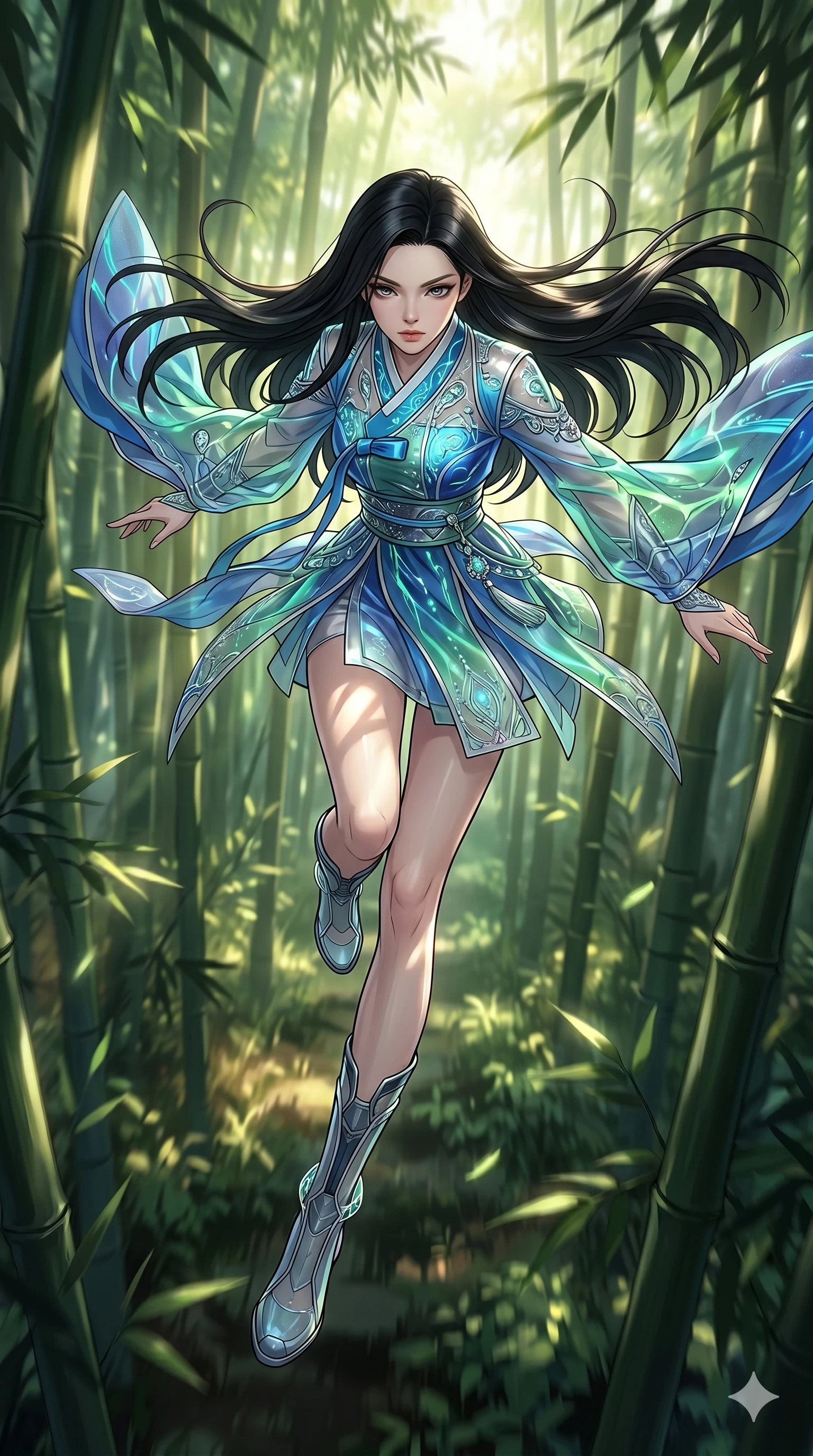 score_9, masterpiece, best quality, ultra-detailed, high-budget anime movie keyframe, cinematic anime lighting, intricate line art, Caucasian (strictly human ears) woman. Extreme high angle shot as she leaps towards the camera, filling the frame. gliding through a forest of bamboo as the sunlight creates a strobe effect. She has an absolutely perfect 8-heads proportion, an exceptionally tall and slender female figure with an ultra-slim waist and impossibly long slender legs. strictly human anatomy, two legs only, no extra limbs, clearly defined legs and arms, perfect anatomy, perfect hands and fingers. sharp v-shaped jawline, high-bridge nose, intricate jewel-like eyes, thick eyelashes, glossy lips. Wearing Modern Traditional: Shortened cyber-hanbok with fusion silk robes and transparent panels. The scene is illuminated by dramatic atmospheric lighting and vibrant color palettes. , 2k, ultra detail, master piece, 9:16 ratio