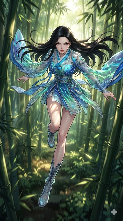 score_9, masterpiece, best quality, ultra-detailed, high-budget anime movie keyframe, cinematic anime lighting, intricate line art, Caucasian (strictly human ears) woman. Extreme high angle shot as she leaps towards the camera, filling the frame. gli