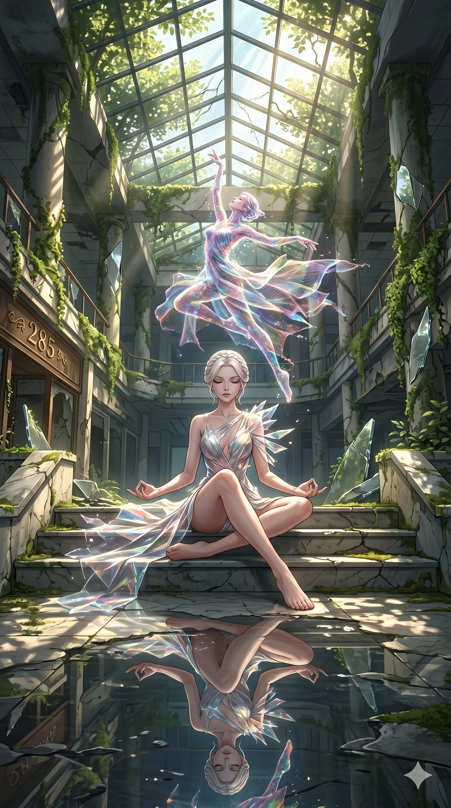 score_9, masterpiece, best quality, ultra-detailed, Set A: High-budget Anime Keyframe, Korean woman. Low angle cowboy shot filling the entire 9:16 frame with her statuesque presence. Theme: Ethereal Dream. meditating in a ruined overgrown shopping mall, as her reflection in the air starts to dance independently 285. The atmosphere is filled with cinematic sunlight through leaves. She has an absolutely perfect 8-heads proportion, an exceptionally tall and slender female figure with impossibly long slender legs and an ultra-slim waist. Sharp v-shaped jawline, high-bridge nose, intricate jewel-like eyes with depth, glossy lips. Wearing Shattered-dimension dress where parts of the fabric seem to phase in and out. Cinematic lighting, vivid colors, dramatic shadows, 2k, ultra detail, master piece, 9:16 ratio