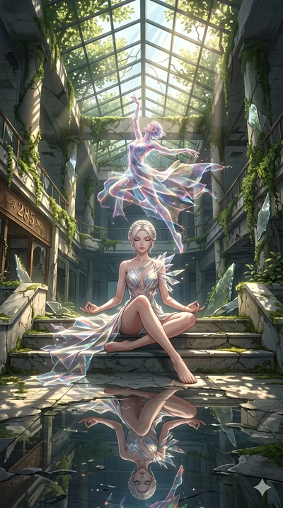 score_9, masterpiece, best quality, ultra-detailed, Set A: High-budget Anime Keyframe, Korean woman. Low angle cowboy shot filling the entire 9:16 frame with her statuesque presence. Theme: Ethereal Dream. meditating in a ruined overgrown shopping ma