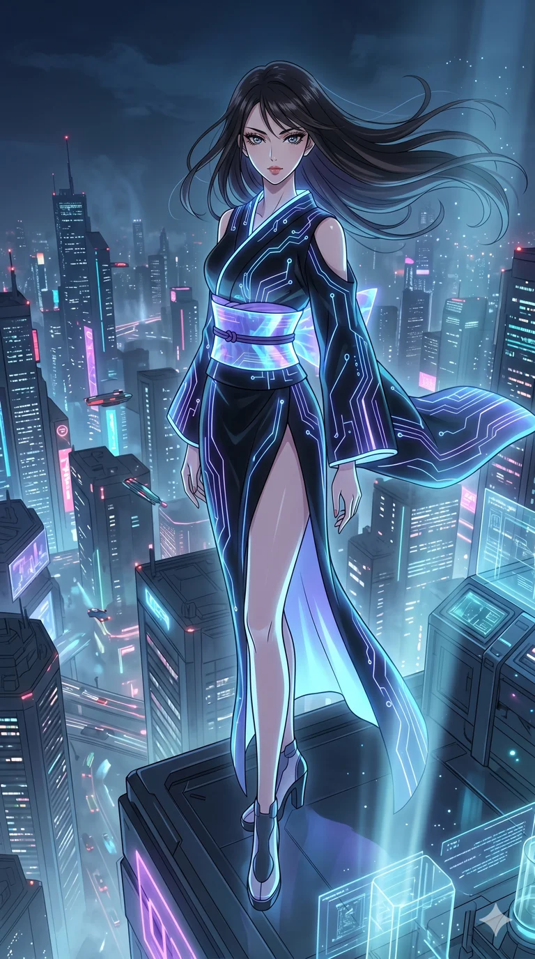 score_9, masterpiece, best quality, ultra-detailed, High-budget Anime Keyframe, vibrant colors, fluid line-art, expressive lighting, cinematic composition, Ufotable-style visual effects, top-tier animation quality, Japanese woman with delicate and elegant anime-inspired features. Dramatic low angle looking up at her majestic stature, dominating the vertical space of the composition. Standing atop a dizzying skyscraper overlooking a vast megalopolis of neon towers and flying vehicles, the wind whipping through her hair. She has an absolutely perfect 8-heads proportion, an exceptionally tall and slender female figure with impossibly long slender legs and an ultra-slim waist, her statuesque height and towering silhouette dominating the vertical 9:16 frame. Her face is a masterpiece featuring a sharp v-shaped jawline, high-bridge nose, intricate jewel-like eyes with depth, thick eyelashes, and glossy lips with a natural sheen. She is wearing a High-slit tech-kimono with holographic obi and integrated neon-lit circuitry patterns crafted from Bioluminescent silk that emits a soft, ethereal glow from within the fabric, boasting shoulder cut-outs and a glowing spinal interface visible through the back. The scene is set in a high-tech research laboratory with glowing glass tanks and complex holographic interfaces, illuminated by volumetric light beams cutting through a hazy atmosphere, creating a sense of depth. 2k, ultra detail, master piece, 9:16 ratio