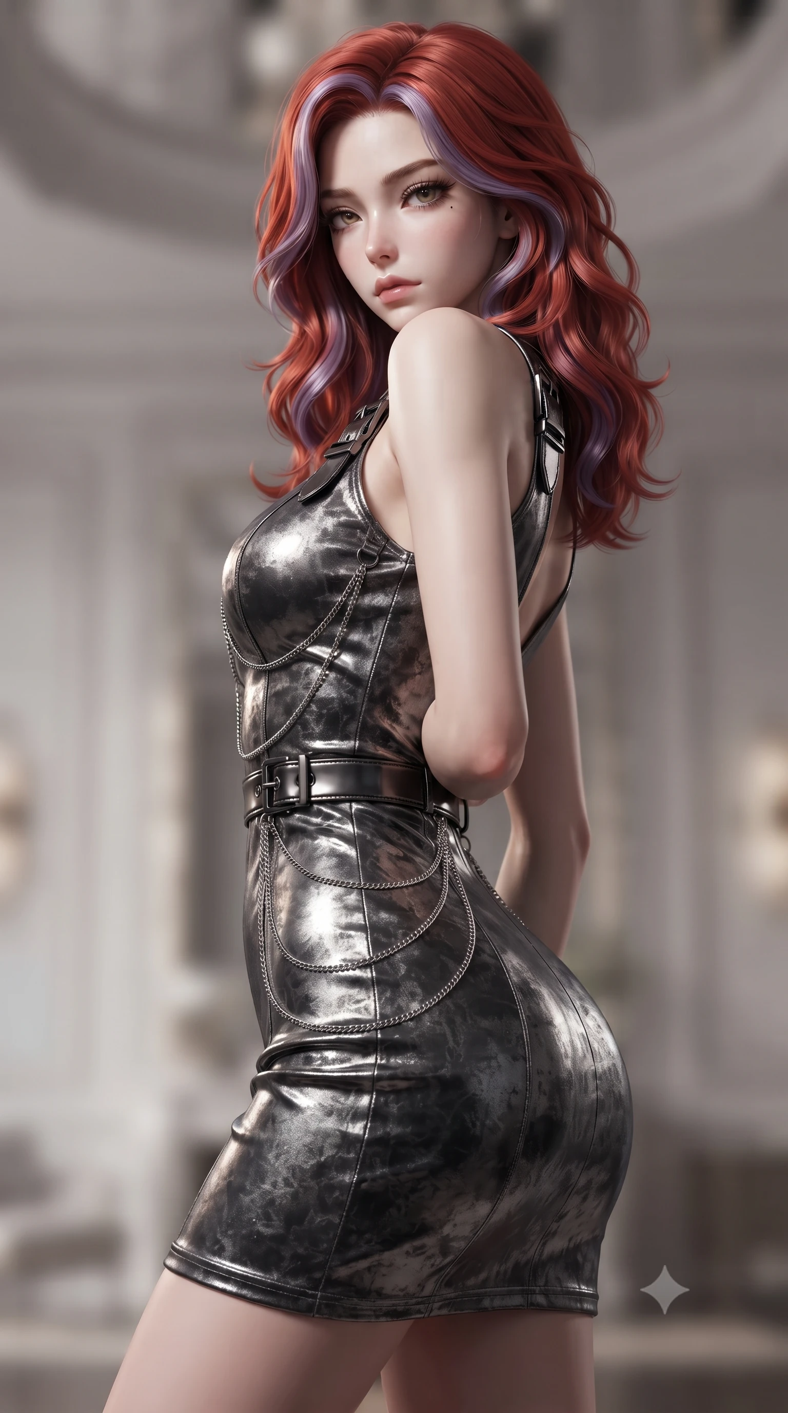 score_9, masterpiece, best quality, ultra-detailed, high-budget anime keyframe, editorial fashion photography, tasteful artistic composition, Caucasian woman. close-up cowboy shot from the waist and thighs up, the character dominates the composition, filling the frame with her large presence, background elements kept in soft focus. Casting a slow, direct gaze beneath heavy lashes with quiet intensity, glancing sidelong over her shoulder with an enigmatic, smoldering expression, glove-like fit liquid vinyl dress highlighting her ultra-slim waist. She has an exceptionally elegant, slender, and willowy female figure with an ultra-slim waist, a gracefully sculpted slender torso, and a refined silhouette. sharp v-shaped jawline, high-bridge nose, intricate jewel-like eyes with depth, thick eyelashes, glossy lips with a natural sheen. wearing aerodynamic second-skin dark silver metallic bodycon dress in metallic dark silver, made of crushed dark silk velvet, framed by dark titanium buckles and silver chain details, contouring every curve with an exceptionally elegant silhouette. bathed in high-contrast specular reflections from mirror ceilings. ultra-reflective glossy finish, specular highlights, metallic sheen, high-contrast stereoscopic depth, volumetric dynamic lighting, 2k, ultra detail, master piece, 9:16 ratio