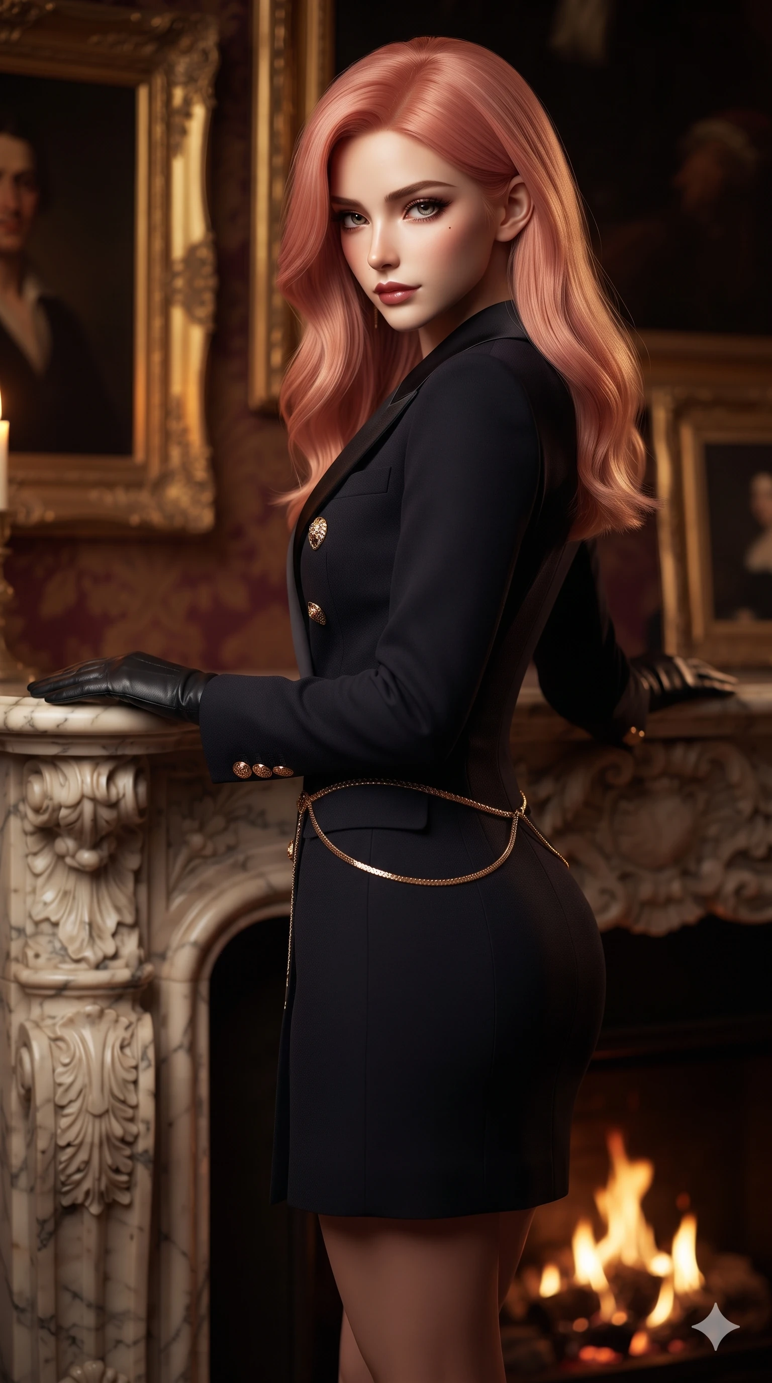 score_9, masterpiece, best quality, ultra-detailed, high-budget anime keyframe, editorial fashion photography, tasteful artistic composition, Japanese woman. close-up cowboy shot from the waist and thighs up, the character dominates the composition, filling the frame with her large presence. twisting her slender torso in a deep contrapposto stance, hips dramatically shifted to accentuate her feminine curves while looking past her shoulder with smoldering bedroom-eyes while resting both hands on the carved mantelpiece, arching her spine to highlight her narrow waist, flat midriff, and breathtaking collarbones. The background shows a soft-focus gilded antique oil portrait frames, towering carved marble fireplace mantel, and flickering hearth fire blurred into amber, burgundy, and gold bokeh. She has an exceptionally elegant, slender, and willowy female figure with an ultra-slim waist, flat toned midriff, narrow ribcage, and sculpted feminine hips creating an alluring, slim hourglass silhouette without bulk. sharp v-shaped jawline, high-bridge nose, intricate jewel-like dark sparkling eyes with dangerous depth, thick curled eyelashes, glossy parted lips with a rich wine sheen, smoldering seductive half-smile with bedroom-eyes, exuding effortless superiority and intoxicating dark allure, flawlessly proportioned anatomical accuracy, strict slender model proportions, natural body alignment, perfectly sculpted long slender limbs, ultra-slim waistline, clean dynamic posture without body distortion. wearing a tailored double-breasted midnight tuxedo jacket dress with satin peak lapels and golden lion-head buttons in deep wine burgundy and lustrous gold foil, tailored from fine lightweight midnight wool crepe with crisp architectural structure, finished with a delicate gold snake chain belt resting loosely across her curvy hips, the bespoke structured tailoring following the natural line of her 8.5-heads silhouette with refined elegance. illuminated by focused key lighting and warm champagne rim light sculpting her razor-sharp jawline, narrow waist, and curvy hips. ultra-reflective glossy finish, specular highlights, rich textural contrasts, high-contrast stereoscopic depth, volumetric dynamic lighting, 2k, ultra detail, master piece, 9:16 ratio