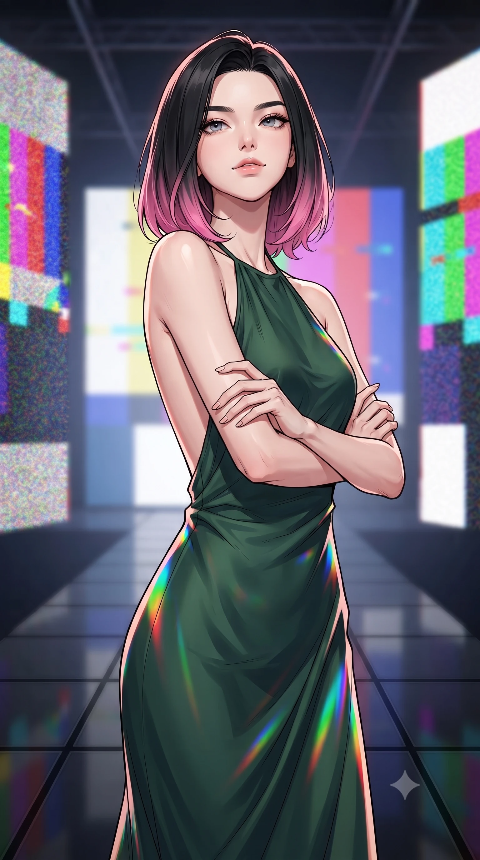 score_9, masterpiece, best quality, ultra-detailed, high-budget anime keyframe, gorgeous anime illustration, with clean line-art and distinct ink outlines, Korean woman. close-up cowboy shot from the waist and thighs up, the character dominates the composition, filling the frame with her large presence, background elements kept in soft focus. Crossing her arms with serene confidence and chin slightly raised. set against a soft-focus background of on a fashion runway surrounded by giant LED screens displaying colorful RGB glitch patterns and noise, the floor made of dark reflective glass. She has an exceptionally elegant and slender, willowy female figure with an ultra-slim waist, a gracefully sculpted slender torso, and a refined slim physique. sharp v-shaped jawline, high-bridge nose, intricate jewel-like eyes with depth, thick eyelashes, glossy lips with a natural sheen. wearing a backless halter-neck silk dress in deep forest green, flowing elegantly along her slender figure. saturated RGB glitch light (red, green, blue) flashing from the screens, casting intense chromatic aberration highlights. 2k, ultra detail, master piece, 9:16 ratio, vibrant anime color palette, detailed cel-shading with soft gradients, rich contrast, dynamic lighting, 2d animation style