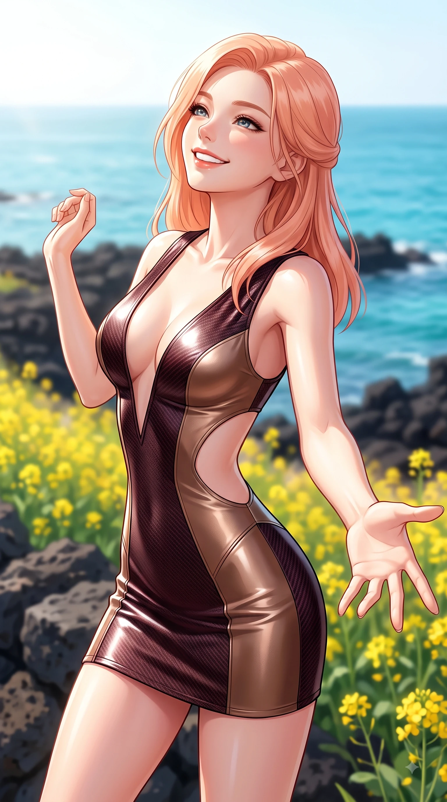 score_9, masterpiece, best quality, ultra-detailed, high-budget anime keyframe, editorial fashion photography, tasteful artistic composition, Japanese woman. close-up cowboy shot from the waist and thighs up, the character dominates the composition, filling the frame with her large presence, background elements kept in soft focus. Tilting her chin up with a sweet beaming smile of pure delight while balancing dynamically amidst the scene while reaching out cheerfully to feel the fresh ocean breeze while smiling happily at the sea, blooming yellow canola flowers and dark volcanic basalt rocks contrasting with azure sea. She has an exceptionally elegant, slender, and willowy female figure with an ultra-slim waist, a gracefully sculpted slender torso, and a refined silhouette. sharp v-shaped jawline, high-bridge nose, intricate jewel-like eyes with depth, thick eyelashes, glossy lips with a natural sheen, flawlessly proportioned anatomical accuracy, natural body alignment, perfectly sculpted elegant limbs, clean dynamic posture without body distortion. wearing a liquid mercury gloss mini dress with ultra-deep V-neck and waist cutouts in deep burgundy and bronze, made of fine carbon-fiber weave and soft matte leather, featuring clean architectural cutouts along her slender torso, the form-contouring material highlighting her ultra-slim waist and long lines. surrounded by a fresh, sun-drenched, and relaxing vacation atmosphere. highly saturated vibrant anime colors, detailed shading with soft gradients, rich glossy textures, high-contrast stereoscopic depth, volumetric dynamic lighting, master piece, 9:16 ratio