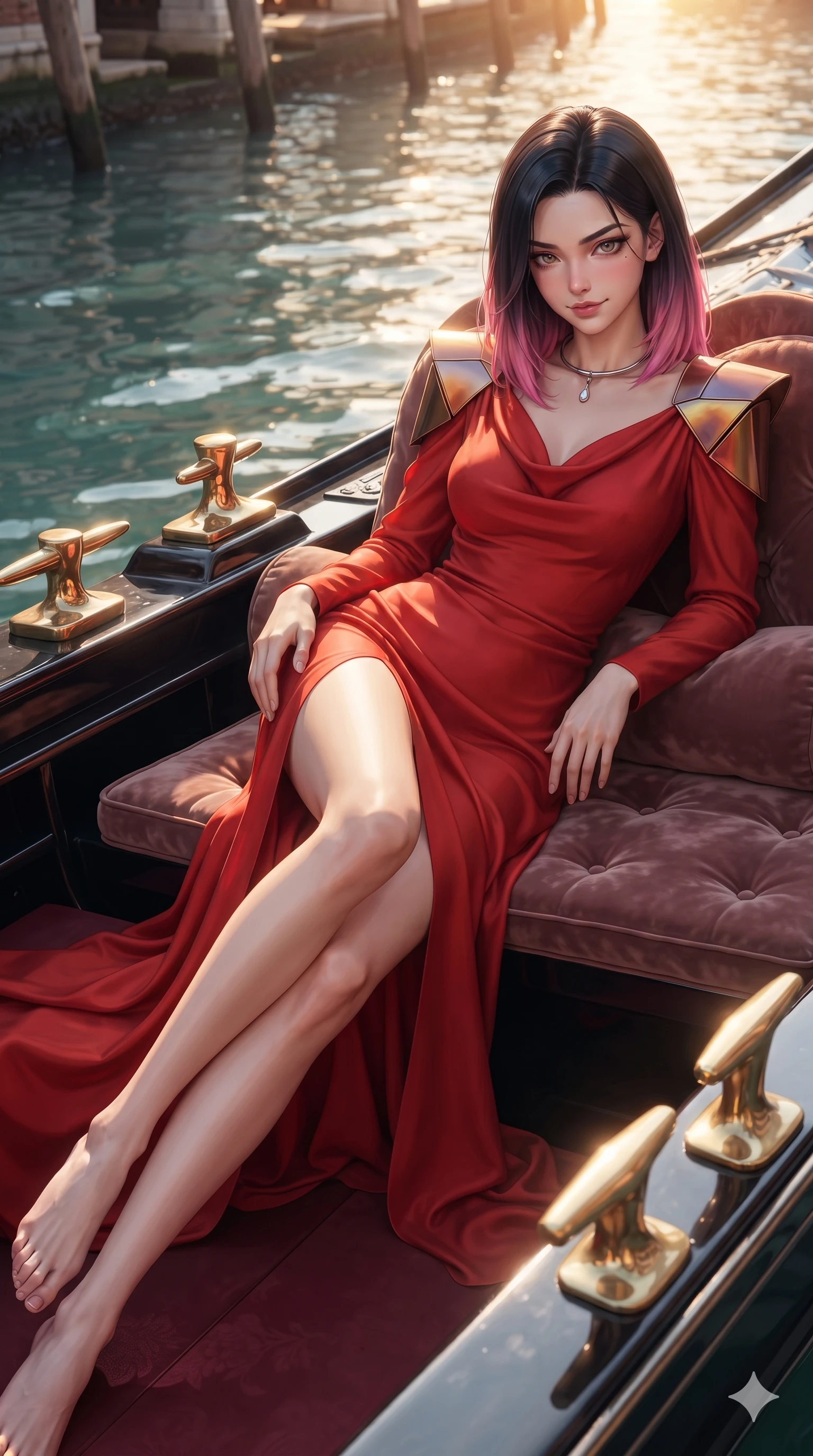 score_9, masterpiece, best quality, ultra-detailed, high-budget anime keyframe, editorial fashion photography, tasteful artistic composition, Korean woman. close-up cowboy shot from the waist and thighs up, the character dominates the composition, filling the frame with her large presence. tilting her head with a teasing half-smile, running one hand slowly down the side of her hip in a flirtatious S-curve as ambient light caresses her silhouette while lounging gracefully across the plush velvet-cushioned gondola boarding bench propped on one elbow with legs extended, displaying her statuesque silhouette. The surrounding environment is rendered in vivid detail and crisp panoramic clarity: sharp carved gothic cloverleaf arcade reliefs, polished brass mooring cleats, and crystalline water wake speculars in deep focus. She has an exceptionally elegant, slender, and willowy female figure with an ultra-slim waist, flat toned midriff, narrow ribcage, and sculpted feminine hips creating an alluring, slim hourglass silhouette without bulk. sharp v-shaped jawline, high-bridge nose, intricate jewel-like sparkling eyes with depth, thick eyelashes, glossy parted lips with a natural sheen, intensely captivating and seductive bedroom-eyes expression, exuding both youthful cute charm and sovereign luxury allure, flawlessly proportioned anatomical accuracy, strict slender model proportions, natural body alignment, perfectly sculpted long slender limbs, ultra-slim waistline, clean dynamic posture without body distortion. wearing a refined long-sleeve cowl-neck silk georgette diplomatic gown with structured geometric shoulder plates in imperial vermilion silk and warm bronze, crafted from luxurious metallic lamé that shifts radiance with every step, finished with a minimalist chrome choker and a single teardrop diamond pendant, the impeccably tailored cut draping gracefully along her slender figure with aristocratic poise. bathed in the warm radiant 2700K morning sunlight reflecting off the canal ripples with crisp specular glints. ultra-reflective glossy finish, specular highlights, rich textural contrasts, high-contrast stereoscopic depth, volumetric dynamic lighting, 2k, ultra detail, master piece, 9:16 ratio