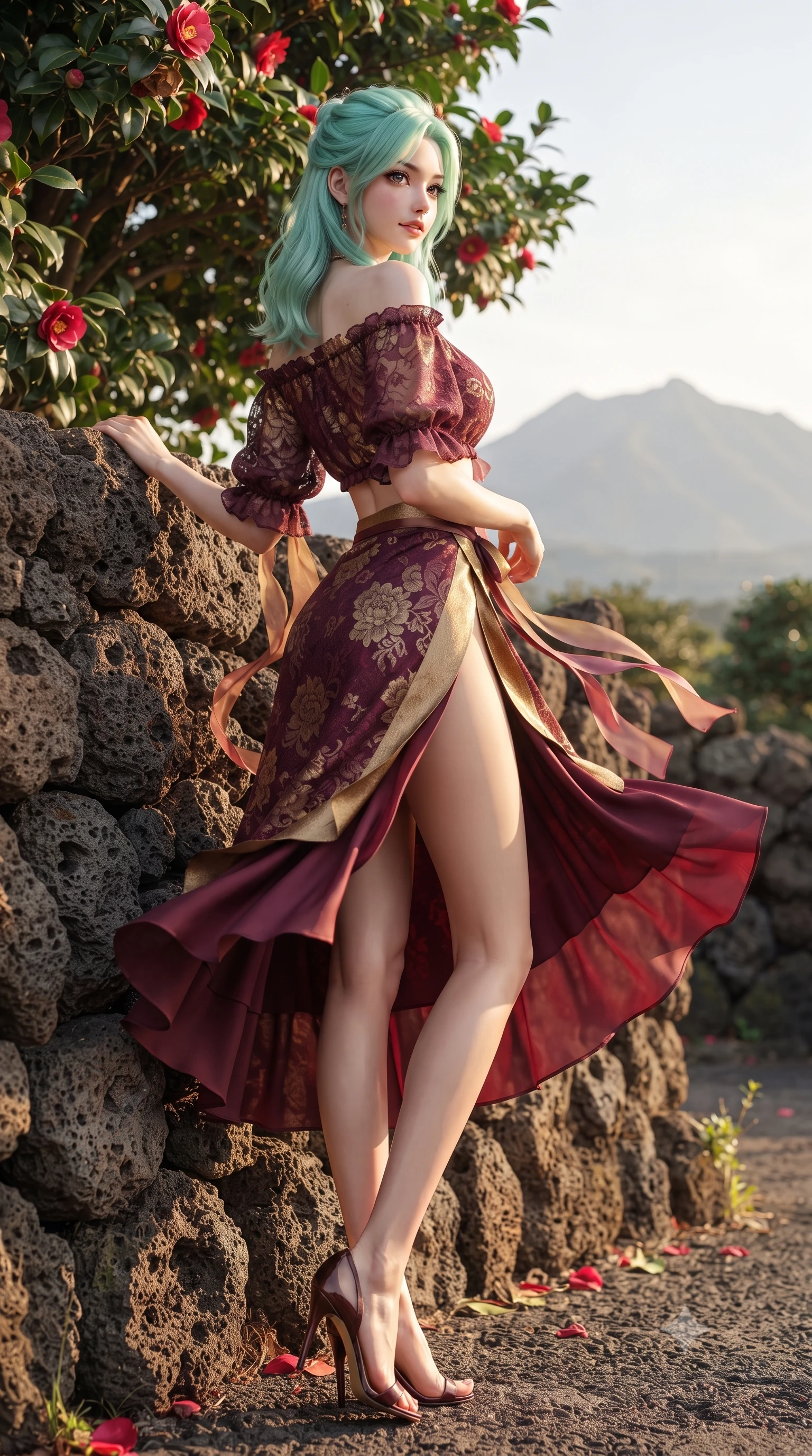 score_9, masterpiece, best quality, ultra-detailed, high-budget anime keyframe, editorial fashion photography, tasteful artistic composition, Japanese woman. low angle full-body shot from head to toe showing her feet, filling the entire 9:16 vertical frame with her statuesque presence, stretching her vertical silhouette. executing a graceful dancer pivot turn as her layered silk chima skirt flutters around her slender legs, glancing over her shoulder with an intoxicating bedroom-gaze while leaning against a rustic basalt rock wall with hips cocked back, casting an alluring bedroom-gaze toward the distant Hallasan mountain peak. The surrounding environment is rendered in vivid detail and crisp panoramic clarity: sharp porous volcanic basalt textures, glossy camellia leaf surfaces, and red petal venation in deep focus. She has an absolutely perfect, statuesque 8.5-heads proportion, an exceptionally tall and slender model-like female figure with impossibly long slender legs, an ultra-slim waist, a flat toned midriff, narrow delicate ribcage, and beautifully sculpted feminine hips creating a graceful, slim hourglass silhouette without any bulky heaviness. sharp v-shaped jawline, high-bridge nose, intricate jewel-like dark sparkling almond eyes with depth, thick lashes, glossy parted lips with a natural rose-plum sheen, bright alluring and coquettish smile with bedroom-eyes, exuding both timeless oriental elegance and sovereign high-fashion allure, flawlessly proportioned anatomical accuracy, strict slender model proportions, natural body alignment, perfectly sculpted long slender limbs, ultra-slim waistline, clean dynamic posture without body distortion. wearing a modern two-piece fusion set with an off-shoulder crop blouse and high-slit wrap skirt tracing her curvaceous hips in deep wine burgundy and brushed antique gold, woven from delicate semi-opaque floral lace with oriental peony patterns, accented with flowing gossamer silk ribbons that flutter dynamically in the evening breeze, the form-contouring cut accentuating her sculpted flat midriff, narrow delicate ribcage, and gracefully curvy hips with regal oriental supermodel elegance. bathed in warm sunny island coastal light filtering through camellia trees. ultra-reflective glossy finish, specular highlights, rich textural contrasts, high-contrast stereoscopic depth, volumetric dynamic lighting, 2k, ultra detail, master piece, 9:16 ratio