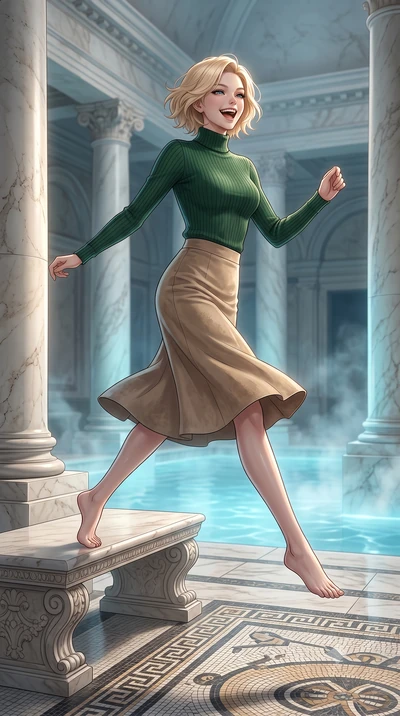 score_9, masterpiece, best quality, ultra-detailed, high-budget anime keyframe, editorial fashion photography, tasteful artistic composition, Caucasian woman, strictly human ears. low angle full-body shot from head to toe showing her feet, filling th