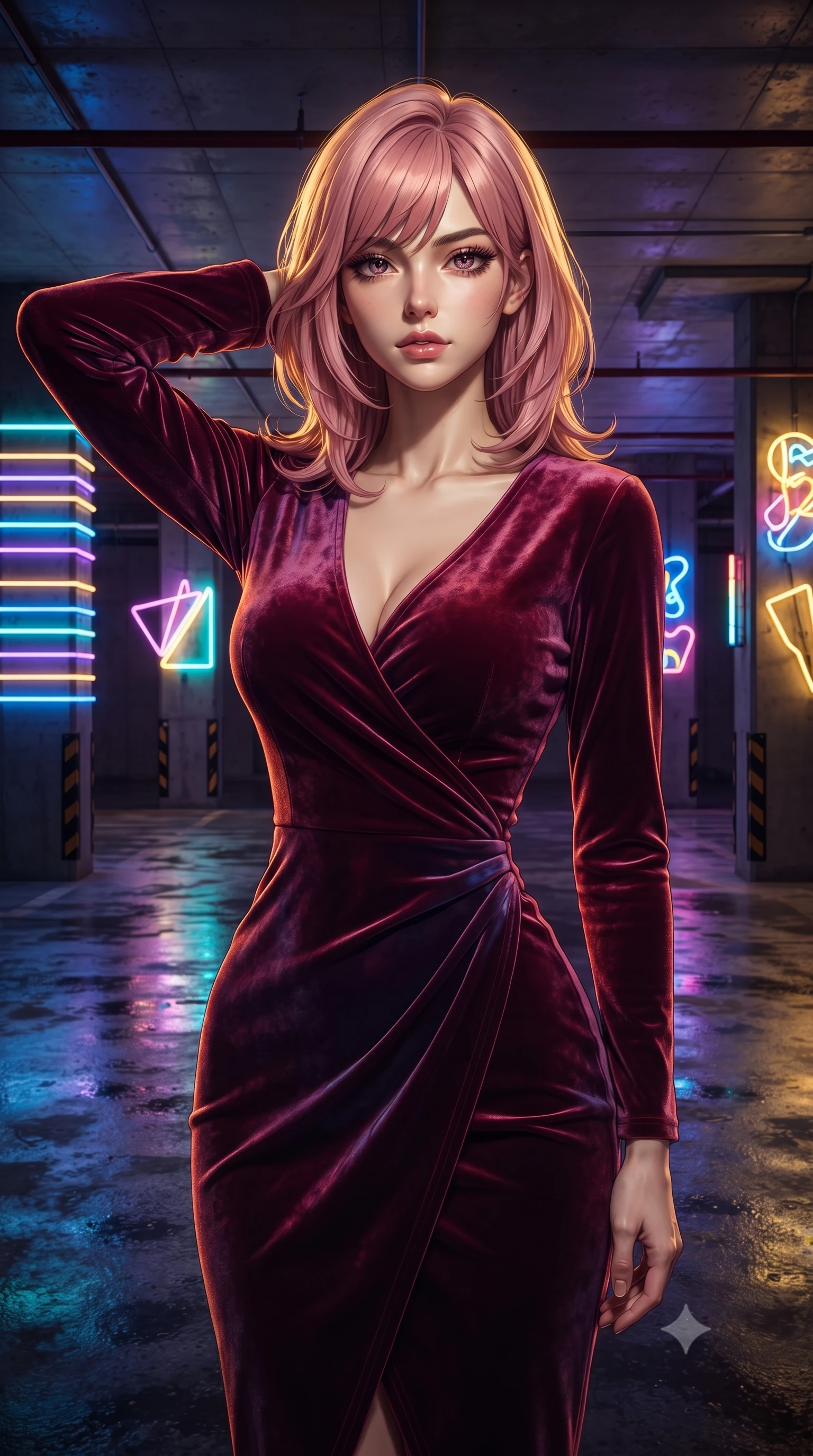 score_9, masterpiece, best quality, ultra-detailed, high-budget anime keyframe, editorial fashion photography, tasteful artistic composition, Japanese woman. close-up cowboy shot from the waist and thighs up, the character dominates the composition, filling the frame with her large presence, background elements kept in soft focus. Placing one hand behind her head with confident body language and a direct stare. set against a soft-focus background of a multi-story parking garage transformed by contemporary art installations with every concrete column wrapped in programmable color-changing LED strips and neon tube art pieces casting vivid pools of light on glossy wet concrete. She has an exceptionally elegant and slender, willowy female figure with an ultra-slim waist, a gracefully sculpted slender torso, and a refined slim physique. sharp v-shaped jawline, high-bridge nose, intricate jewel-like eyes with depth, thick eyelashes, glossy lips with a natural sheen. wearing a wrap-front fitted midi dress in deep crimson and violet watercolor velvet, drawing focus to her slender waist. dramatic chiaroscuro with a single golden key light sculpting her silhouette. 2k, ultra detail, master piece, 9:16 ratio