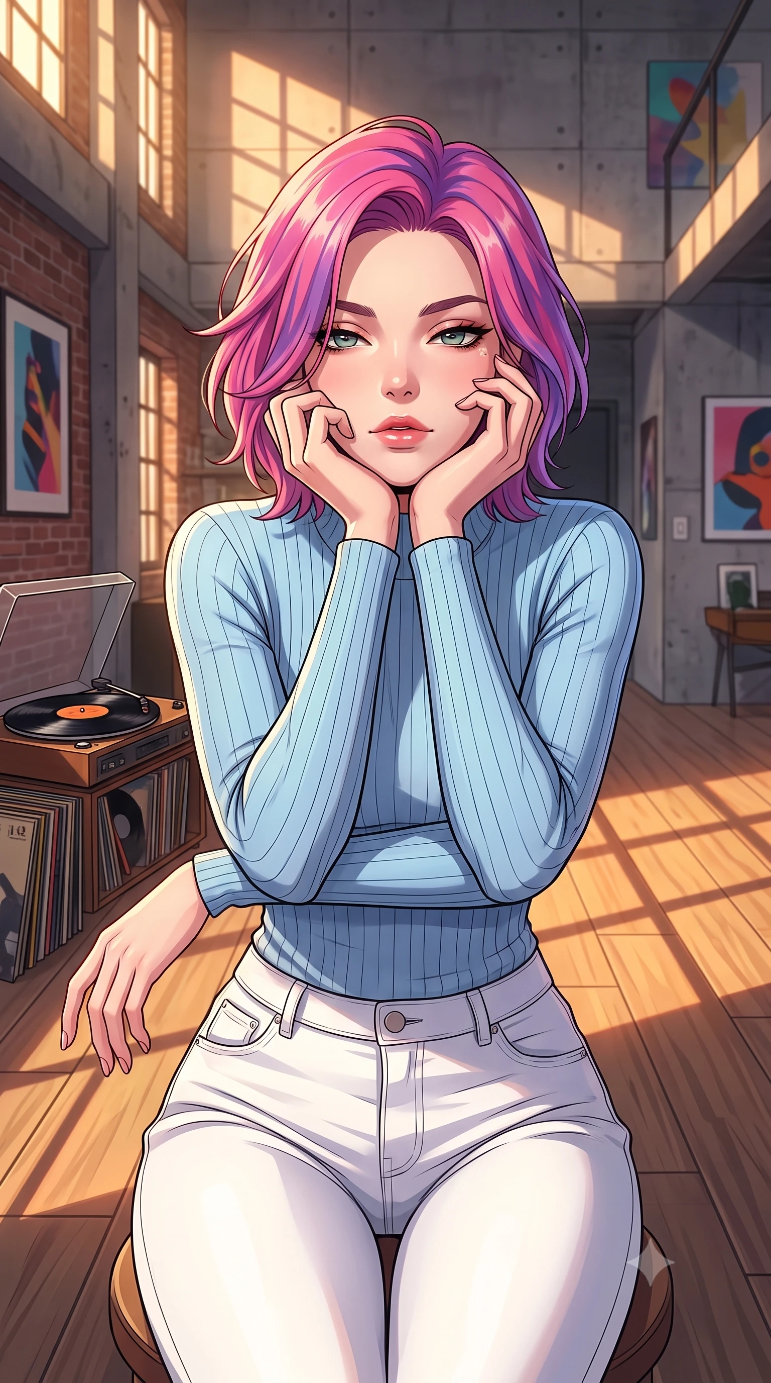 score_9, masterpiece, best quality, ultra-detailed, high-budget anime keyframe, tasteful artistic composition, Caucasian woman. close-up cowboy shot from the waist and thighs up, the character dominates the composition, filling the frame with her large presence, background elements kept in soft focus. resting her chin on the backs of her fingers, casting a heavy-lidded, sultry look past the camera the background shows a soft-focus a modern loft studio apartment with high ceilings and a record player spinning a vinyl. She has an exceptionally elegant, slender, and willowy female figure with an ultra-slim waist, a gracefully sculpted slender torso, and a refined silhouette. sharp v-shaped jawline, high-bridge nose, intricate jewel-like eyes with depth, thick eyelashes, glossy lips with a natural sheen. wearing a form-contouring body-hugging light blue ribbed long-sleeve top paired with tight white denim pants. warm evening sunlight casting long geometric shadow lines across the floor. highly saturated vibrant anime colors, cel-shading, 2d style, master piece, 9:16 ratio