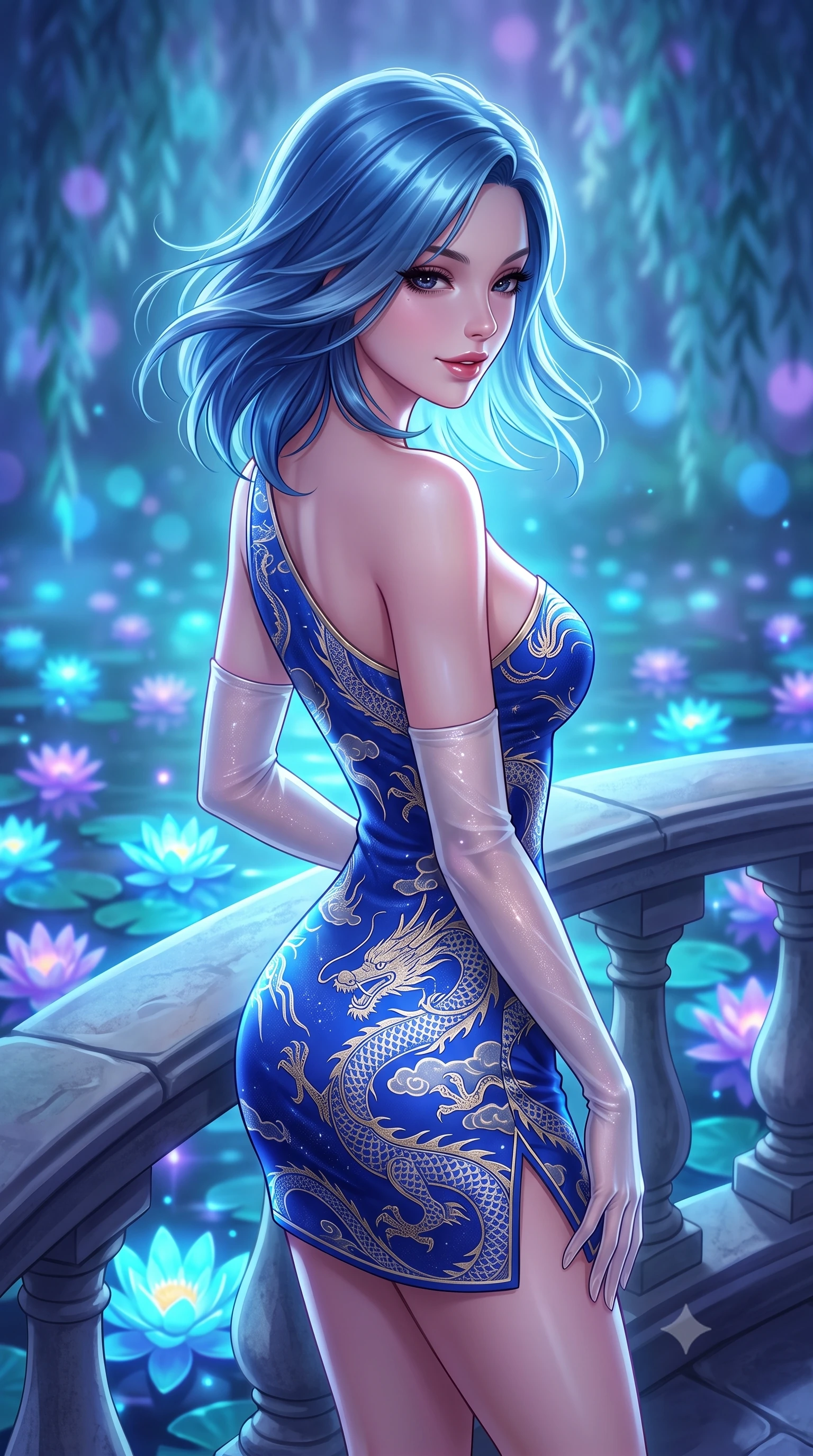 score_9, masterpiece, best quality, ultra-detailed, high-budget anime keyframe, semi-realistic 3D game render, editorial fashion photography, tasteful artistic composition, Korean woman. close-up cowboy shot from the waist and thighs up, the character dominates the composition, filling the frame with her large presence. turning slowly with a smoldering smile, her glossy dark hair tossing in the evening breeze as her hips angle gracefully in a captivating contrapposto while leaning against the curved bridge balustrade with hips cocked back, casting an enchanting, ethereal bedroom-gaze into the glowing waters. The background shows a soft-focus hundreds of pulsating cyan and ultraviolet floating water lilies and misty weeping willows blurred into sapphire, turquoise, and amethyst bokeh. She has an exceptionally elegant, slender, and willowy female figure with an ultra-slim waist, flat toned midriff, narrow ribcage, and sculpted feminine hips creating an alluring, slim hourglass silhouette without bulk. sharp v-shaped jawline, high-bridge nose, intricate jewel-like dark sparkling almond eyes with depth, thick lashes, glossy parted lips with a natural rose-plum sheen, bright alluring and coquettish smile with bedroom-eyes, exuding both timeless oriental elegance and sovereign high-fashion allure, flawlessly proportioned anatomical accuracy, strict slender model proportions, natural body alignment, perfectly sculpted long slender limbs, ultra-slim waistline, clean dynamic posture without body distortion. wearing an asymmetric one-shoulder dragon-embroidered silk mini dress hugging her narrow waist and rounded feminine hips in royal cobalt blue and starlight platinum, woven from metallic gold and silver thread casting subtle starlight glints, complemented by delicate sheer silk fingerless gloves reaching past her elbows, the form-fitting tailored bodice adhering flawlessly to her sculpted flat midriff and slender torso, emphasizing her long leg lines and perfectly proportioned willowy build. bathed in magical cyan and violet bioluminescent light radiating from the lotus pond. highly saturated vibrant anime colors, detailed shading with soft gradients, rich glossy textures, high-contrast stereoscopic depth, volumetric dynamic lighting, master piece, 9:16 ratio