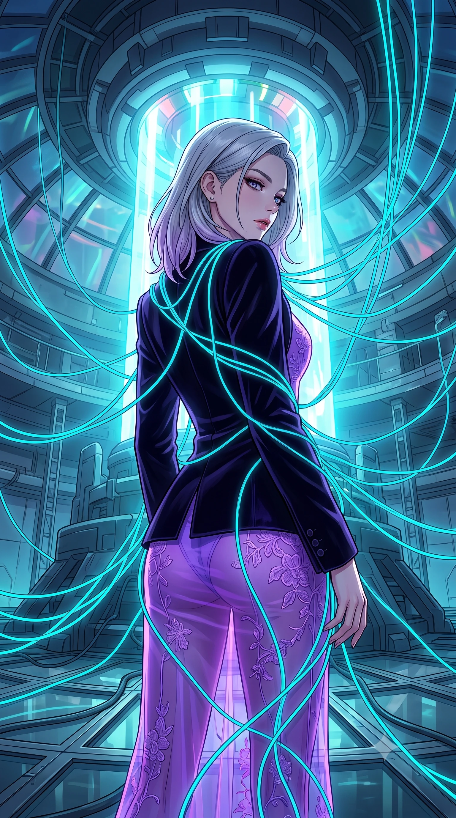 score_9, masterpiece, best quality, ultra-detailed, High-budget Anime Keyframe, Caucasian woman, strictly human ears. Low angle cowboy shot filling the entire 9:16 frame with her statuesque presence. Scenario 515: tangled in a web of glowing cyan fiber-optic cables inside a secret bio-dome containing a giant glowing fusion reactor. Her presence is magnetic and overpowering in this high-budget anime scene. Outfit 515: a form-contouring neon violet sheer organza slip dress layered under a structured velvet blazer. The clothing is designed to emphasize her exceptionally tall and slender 8-heads proportion. 8-heads proportion, towering silhouette, ultra-slim waist. sharp v-shaped jawline, intricate jewel-like eyes with depth, thick eyelashes, glossy lips. 2k, ultra detail, master piece, 9:16 ratio