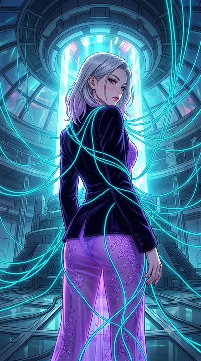 score_9, masterpiece, best quality, ultra-detailed, High-budget Anime Keyframe, Caucasian woman, strictly human ears. Low angle cowboy shot filling the entire 9:16 frame with her statuesque presence. Scenario 515: tangled in a web of glowing cyan fib