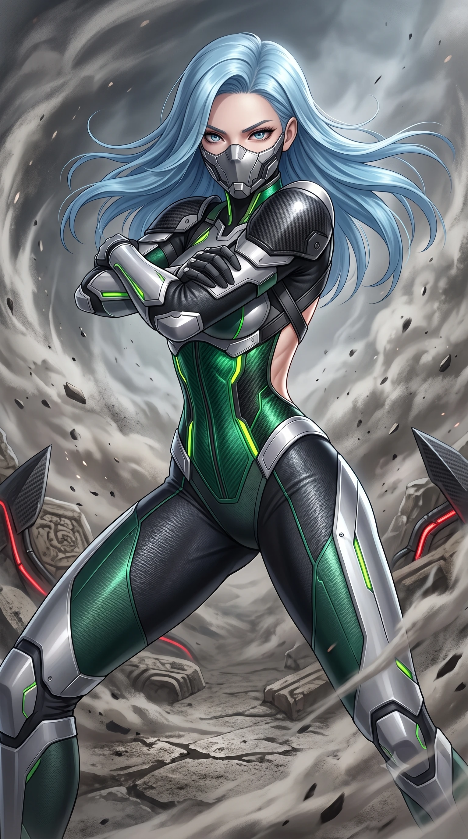 score_9, masterpiece, best quality, ultra-detailed, high-budget anime keyframe, semi-realistic 3D game render, editorial fashion photography, tasteful artistic composition, Korean woman. close-up cowboy shot from the waist and thighs up, the character dominates the composition, filling the frame with her large presence. shifting into a low cat-stance with arms crossed defensively, glowing energy conduits tracing her ultra-slim waist and sculpted clavicle while pivoting dynamically as an ash whirlwind erupts around her, striking a grounded Panzer Kunst defensive guard. The surrounding environment is rendered in vivid detail and crisp panoramic clarity. sharp carbon pauldron edge bevels, glowing red conduit lines, and textured ash ground in deep focus. She has an exceptionally elegant, slender, and willowy female figure with an ultra-slim waist, a gracefully sculpted slender torso, toned flat midriff, and a refined slim silhouette. sharp v-shaped jawline, high-bridge nose, intricate jewel-like eyes with depth, thick eyelashes, glossy lips with a natural sheen, fierce and resolute heroine expression, flawlessly proportioned anatomical accuracy, strict slender model proportions, natural body alignment, perfectly sculpted long slender limbs, ultra-slim waistline, clean dynamic posture without body distortion. wearing a sleek titanium half-face combat rebreather guard protecting her lower jaw while leaving her expressive eyes and long hair flowing freely, paired with a statuesque high-fashion cyber-warrior armor suit with platinum bevels, heavy articulated shoulder guards, and an ultra-slim waist-cinching corset in toxic emerald green carbon composite with glowing lime warning channels, made of liquid carbon-jersey fabric accentuating every curve of her tall, slender model proportions, complemented by criss-cross back harness straps highlighting her completely bare spine, the liquid-tight tailored fabric emphasizing every curve of her tall, slender model proportions and sculptured silhouette during dynamic movement. illuminated by crisp white key light with sharp specular highlights tracing her ultra-slim waist and long legs. rich saturated anime colors with glowing neon highlights, detailed shading with soft gradients, rich glossy textures, high-contrast stereoscopic depth, volumetric dynamic lighting, master piece, 9:16 ratio