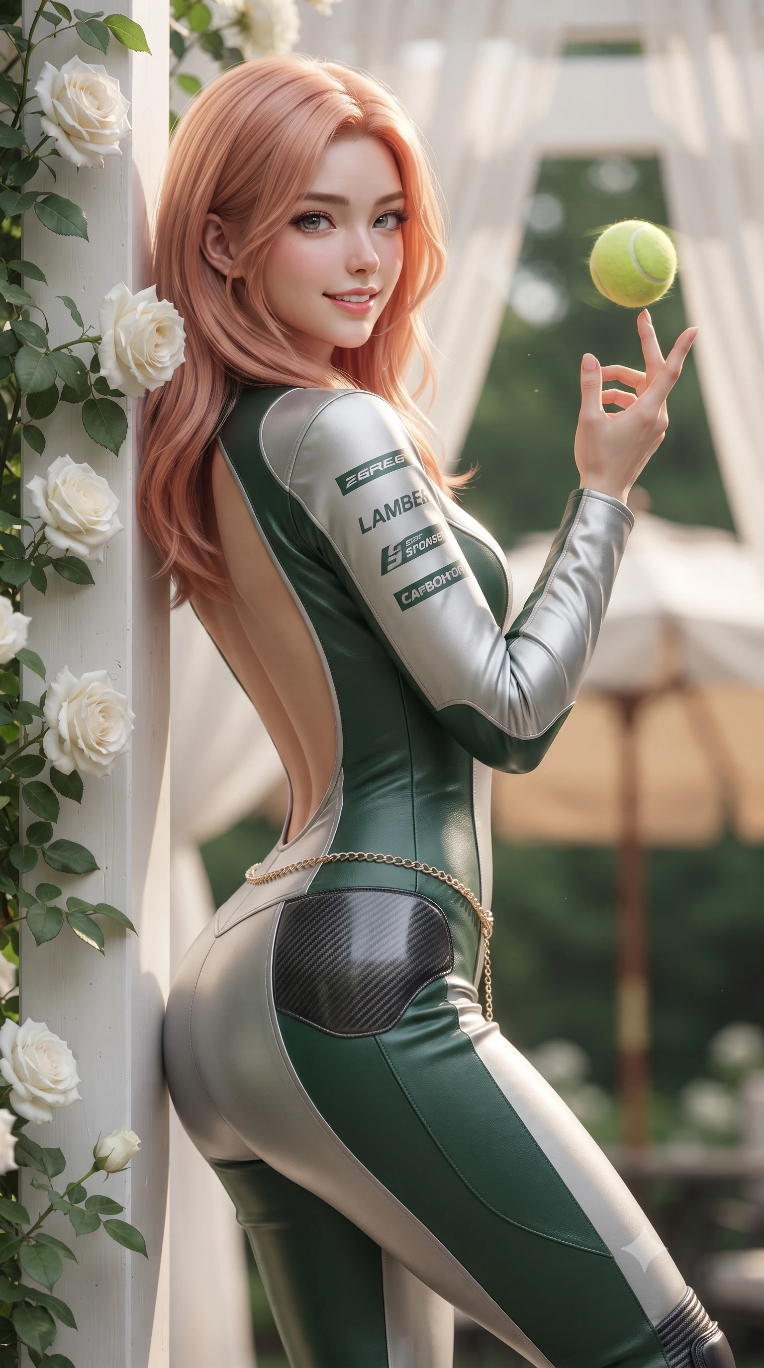 score_9, masterpiece, best quality, ultra-detailed, high-budget anime keyframe, editorial fashion photography, tasteful artistic composition, Japanese woman. close-up cowboy shot from the waist and thighs up, the character dominates the composition, filling the frame with her large presence. playfully spinning a tennis ball on her fingertips, her radiant smile capturing fresh girlhood charm while her arched torso reveals an intoxicating hip contour while leaning against the white pergola post draped in white roses with hips cocked back, looking over her shoulder with an alluring, sophisticated smile. The background shows a soft-focus fluttering sheer pergola drapes and vintage canvas umbrella canopies softened in exclusive East Coast shallow focus. She has an exceptionally elegant, slender, and willowy female figure with an ultra-slim waist, flat toned midriff, narrow ribcage, and sculpted feminine hips creating an alluring, slim hourglass silhouette without bulk. sharp v-shaped jawline, high-bridge nose, sparkling eyes with athletic focus and depth, thick curled eyelashes, glossy parted lips with a natural coral-peach sheen, bright confident and coquettish smile with alluring bedroom-eyes, exuding both youthful sporty vigor and sovereign high-society glamour, flawlessly proportioned anatomical accuracy, strict slender model proportions, natural body alignment, perfectly sculpted long slender limbs, ultra-slim waistline, clean dynamic posture without body distortion. wearing a second-skin compression stretch racing catsuit with racing team sponsor graphics and sculpted carbon hip guards in alpine silver platinum and forest green, crafted from supple buttery lambskin racing leather with a satin sheen, accented with a delicate gold chain belt resting loosely on her curvy hips, the precision-cut side openings and low-back scoop framing her graceful spine and the sensual sweep of her slim, athletic hips. illuminated by lawn bounce fill and sharp platinum rim lights defining her razor-sharp jawline, narrow waist, and curvy hips. ultra-reflective glossy finish, specular highlights, rich textural contrasts, high-contrast stereoscopic depth, volumetric dynamic lighting, 2k, ultra detail, master piece, 9:16 ratio
