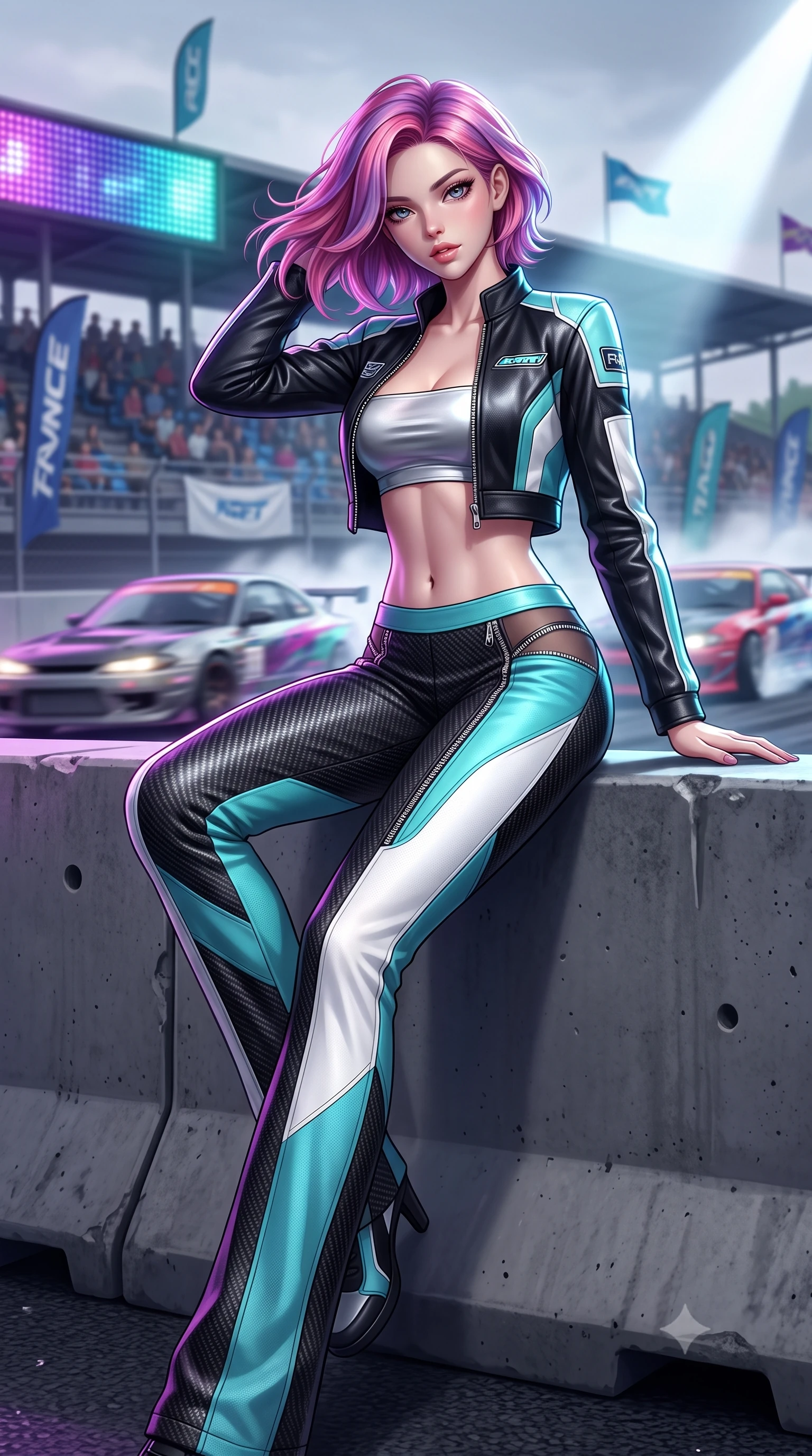 score_9, masterpiece, best quality, ultra-detailed, high-budget anime keyframe, semi-realistic 3D game render, editorial fashion photography, tasteful artistic composition, Caucasian woman. low angle full-body shot from head to toe showing her feet, filling the entire 9:16 vertical frame with her statuesque presence, stretching her vertical silhouette. sitting poised on the elevated edge with legs crossed and extended, her tall 8.5-heads proportions dominating the scene with effortless poise while leaning against a heavy track barrier, tossing her hair over one shoulder as wind whips the racing circuit banners. The composition keeps background elements in soft focus with creamy bokeh. roaring drift cars and grandstand bleachers softened in dynamic shallow depth of field. She has an absolutely perfect, statuesque 8.5-heads proportion, an exceptionally tall and slender model-like female figure with impossibly long slender legs, a toned flat midriff, and an ultra-slim waist. sharp v-shaped jawline, high-bridge nose, intricate jewel-like eyes with depth, thick eyelashes, glossy parted lips with a natural sheen, intensely captivating and seductive expression, flawlessly proportioned anatomical accuracy, strict slender model proportions, natural body alignment, perfectly sculpted long slender limbs, ultra-slim waistline, clean dynamic posture without body distortion. wearing a cropped leather racing jacket unzipped over a reflective silver bandeau top and low-rise carbon track pants in racing aqua blue and stark white, made of stretchy athletic knit with sheer mesh cutout inserts, accented with diagonal metal zippers running across the side-waist cutouts, the athletic second-skin cut highlighting her toned flat midriff and slender model proportions during dynamic action. bathed in dynamic color-shifting LED race lights and sweeping white spotlight fill. highly saturated vibrant anime colors, detailed shading with soft gradients, rich glossy textures, high-contrast stereoscopic depth, volumetric dynamic lighting, master piece, 9:16 ratio