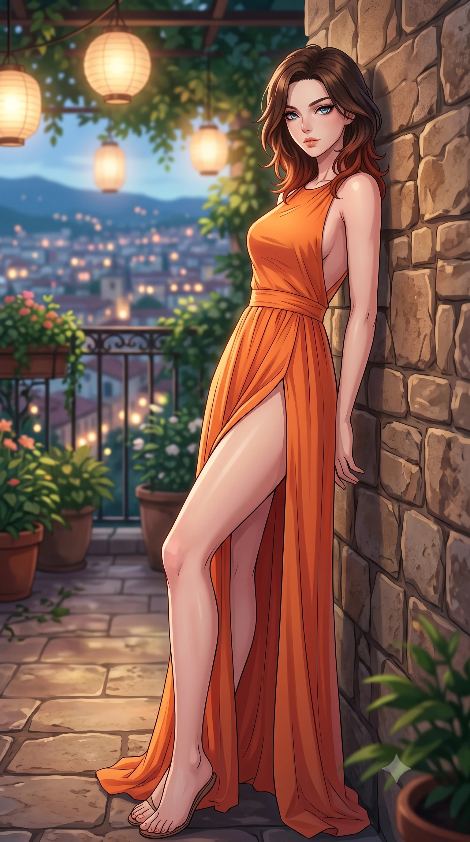 score_9, masterpiece, best quality, ultra-detailed, high-budget anime keyframe, tasteful artistic composition, Korean woman. low angle full-body shot from head to toe showing her feet, filling the entire 9:16 vertical frame with her statuesque presence, stretching her vertical silhouette. leaning back against a rustic stone wall, casting a slow, alluring gaze at the camera the background shows a soft-focus a secluded rooftop garden veranda at a historic estate overlooking city lights. She has an absolutely perfect, statuesque 8.5-heads proportion, an exceptionally tall and slender model-like female figure with impossibly long slender legs and an ultra-slim waist. sharp v-shaped jawline, high-bridge nose, intricate jewel-like eyes with depth, thick eyelashes, glossy lips with a natural sheen. wearing a tailored high-slit resort gown in sunset orange chiffon, featuring a daring thigh-slit and open back. soft ambient city glow contrasting with the warm light of hanging lanterns. highly saturated vibrant anime colors, cel-shading, 2d style, master piece, 9:16 ratio