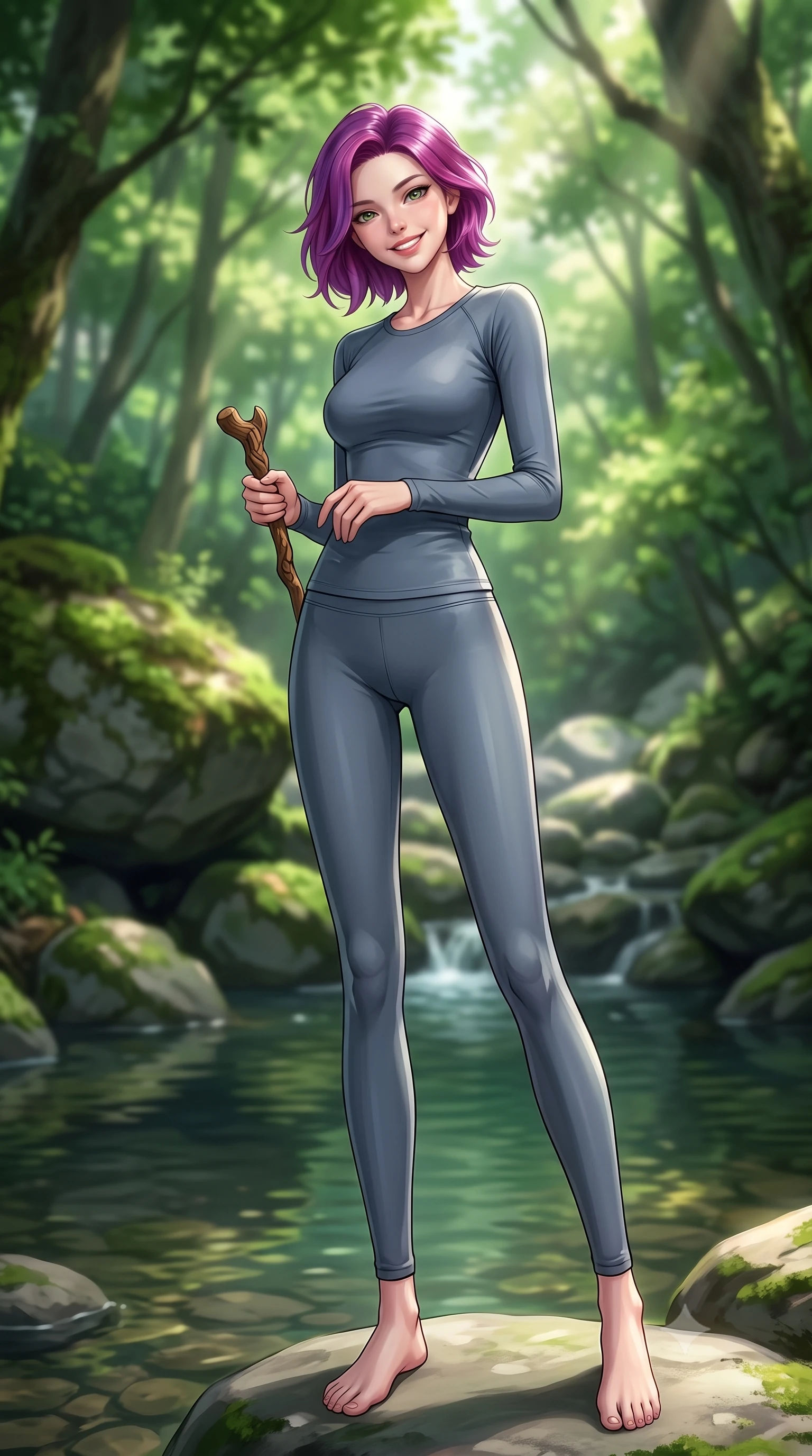 score_9, masterpiece, best quality, ultra-detailed, high-budget anime keyframe, editorial fashion photography, tasteful artistic composition, Caucasian woman. low angle full-body shot from head to toe showing her feet, filling the entire 9:16 vertical frame with her statuesque presence, stretching her vertical silhouette. standing with a cute, bright pose, tilting her head with a beaming smile set against a soft-focus background of on a smooth stone next to a quiet forest creek pool surrounded by mossy rocks holding a small wooden walking stick with a bright, active smile. She has an absolutely perfect, statuesque 8.5-heads proportion, an exceptionally tall and slender model-like female figure with impossibly long slender legs and an ultra-slim waist. sharp v-shaped jawline, high-bridge nose, intricate jewel-like eyes with depth, thick eyelashes, glossy lips with a natural sheen. wearing body-hugging form-fitting activewear top in slate grey, outlining her slender torso. dappled sunbeams filtering through the dense green forest canopy. highly saturated vibrant anime colors, detailed shading with soft gradients, rich glossy textures, high-contrast stereoscopic depth, volumetric dynamic lighting, master piece, 9:16 ratio