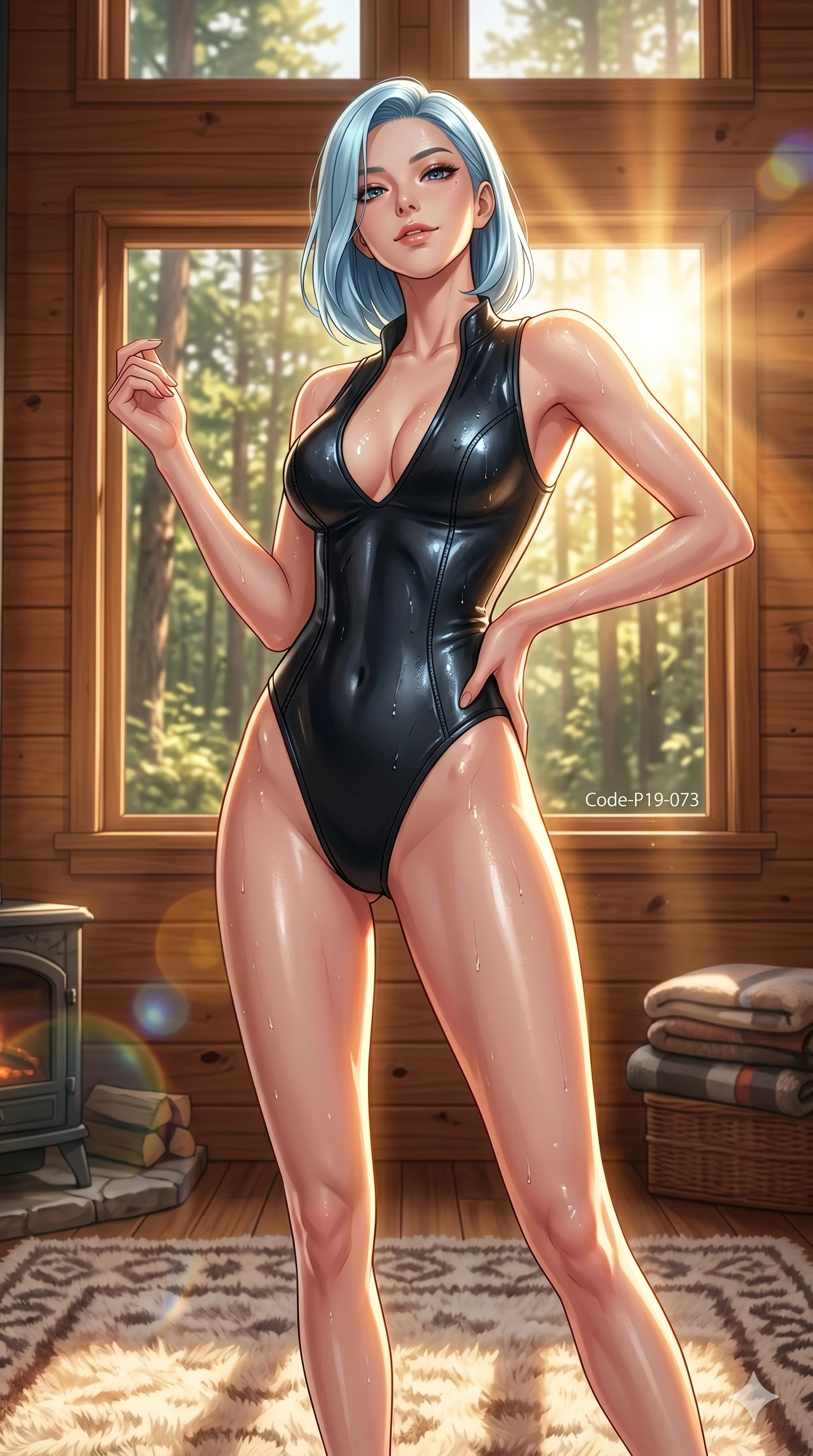 score_9, masterpiece, best quality, ultra-detailed, high-budget anime keyframe, editorial fashion photography, tasteful artistic composition, Korean woman. cowboy shot from the thighs up, character and outfit filling the frame for maximum editorial presence. tilting her head back slightly, looking down with a cool, self-assured smile inside a cozy resort lodge cabin with views of a sunlit forest (Code-P19-073). She has an absolutely perfect 8-heads proportion, an exceptionally tall and slender female figure with impossibly long slender legs and an ultra-slim waist. V-shaped jawline, high-bridge nose, intricate jewel-like eyes with depth, thick eyelashes, glossy lips with a natural sheen. wearing a wet-look neoprene bodysuit with high-cut lines and a plunging neckline for resort wear. drenched in brilliant afternoon sunshine, casting warm rays that trace her athletic build. 2k, ultra detail, master piece, 9:16 ratio