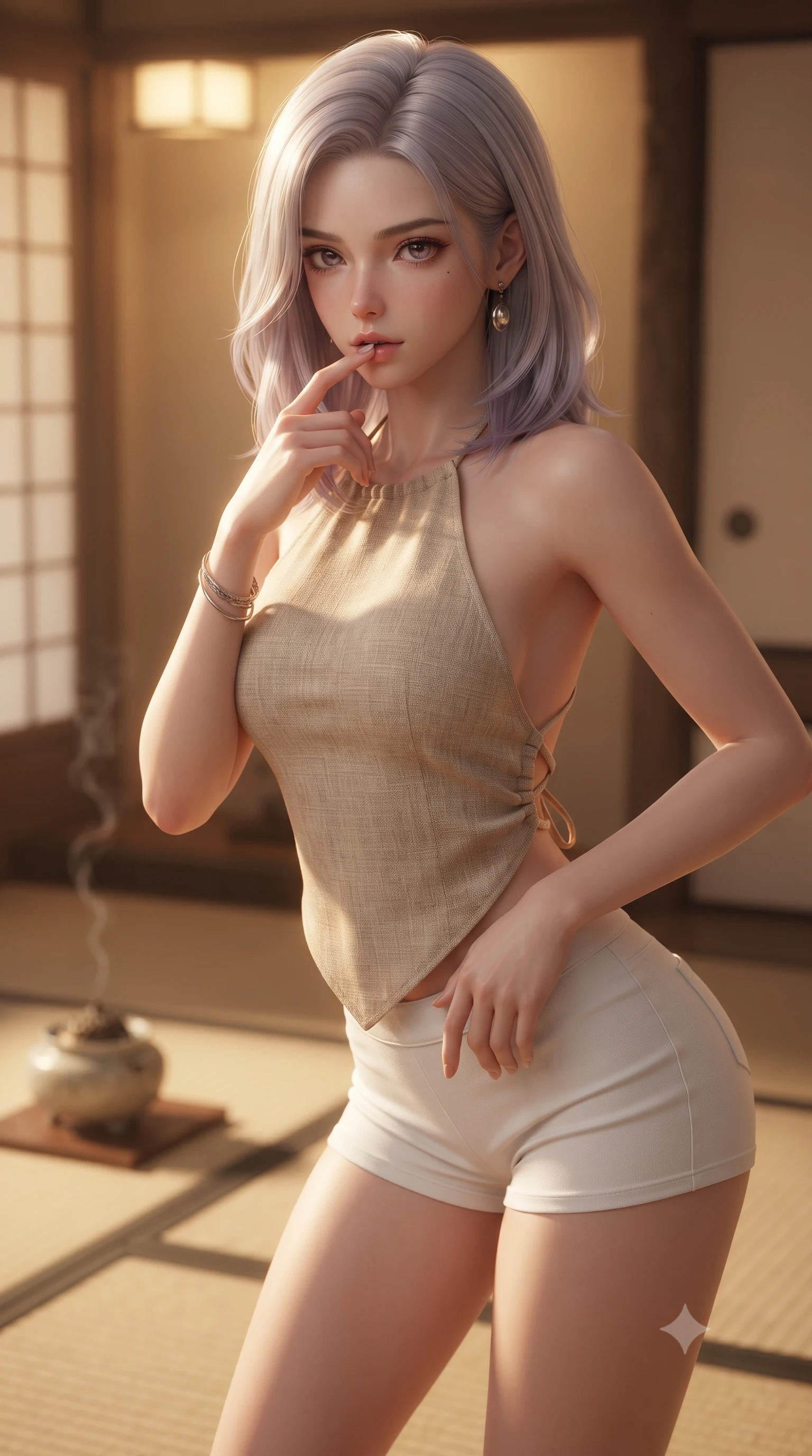 score_9, masterpiece, best quality, ultra-detailed, high-budget anime keyframe, editorial fashion photography, tasteful artistic composition, Caucasian woman. close-up cowboy shot from the waist and thighs up, the character dominates the composition, filling the frame with her large presence, background elements kept in soft focus. pressing one finger to her bottom lip in a thoughtful, seductive gesture under the warm sun the background shows a soft-focus a quiet traditional tea room with tatami mats and a burning incense burner. She has an exceptionally elegant, slender, and willowy female figure with an ultra-slim waist, a gracefully sculpted slender torso, and a refined silhouette. sharp v-shaped jawline, high-bridge nose, intricate jewel-like eyes with depth, thick eyelashes, glossy lips with a natural sheen. wearing a form-contouring stylish linen halter top with an open-back design, paired with white micro-shorts. low-contrast, soft warm ambient uplight casting a peaceful glow. ultra-reflective glossy finish, specular highlights, metallic sheen, high-contrast stereoscopic depth, volumetric dynamic lighting, 2k, ultra detail, master piece, 9:16 ratio