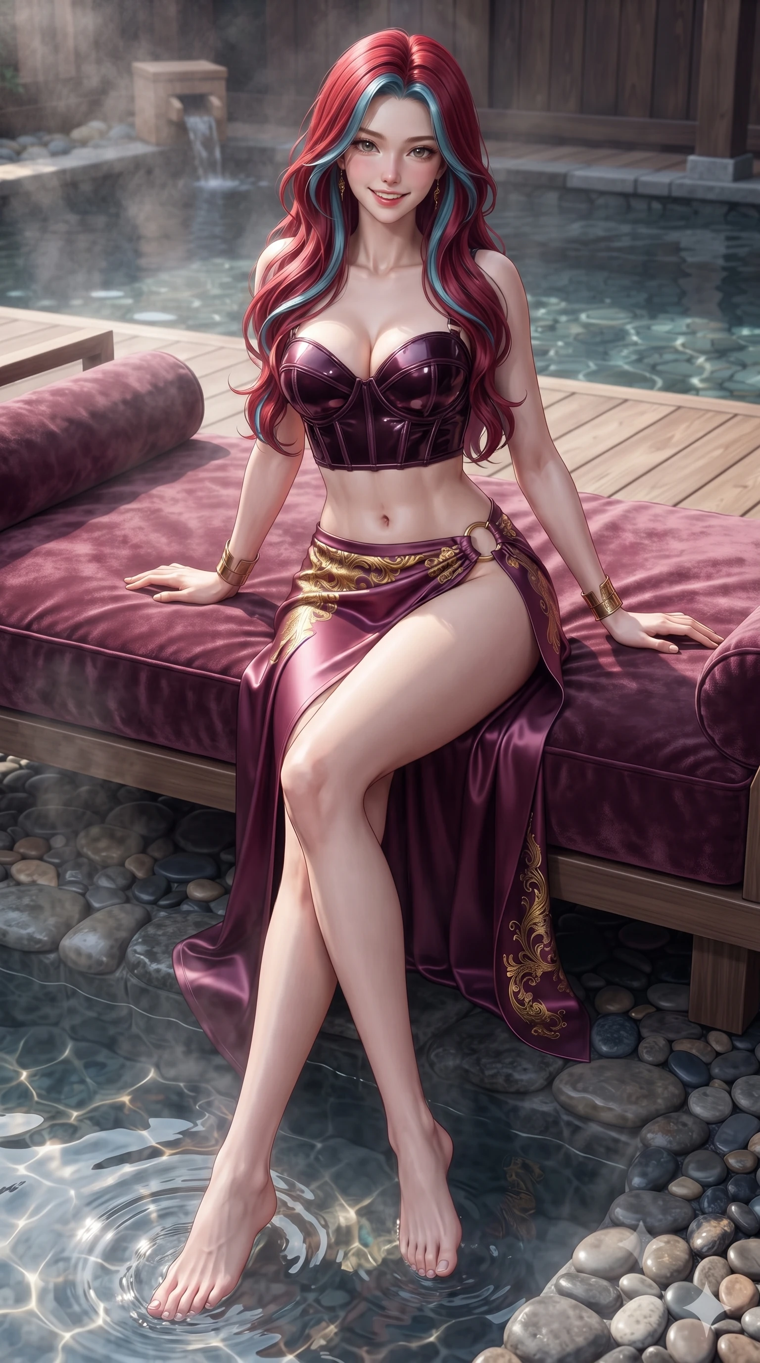score_9, masterpiece, best quality, ultra-detailed, high-budget anime keyframe, editorial fashion photography, tasteful artistic composition, Caucasian woman. low angle full-body shot from head to toe showing her feet, filling the entire 9:16 vertical frame with her statuesque presence, stretching her vertical silhouette. lounging on the lavish daybed with legs crossed and hips angled toward the camera, displaying her toned midriff and long slender limbs with effortless siren poise while sitting perched on the wooden onsen deck with legs dipped in steaming thermal water, flashing an enchanting, flirtatious smile. The surrounding environment is rendered in vivid detail and crisp panoramic clarity: sharp wet hinoki wood grain textures, steaming water ripples, and smooth river pebble flooring in deep focus. She has an exceptionally tall and slender model-like 8.5-heads proportion, an ultra-slim waist, a flat toned midriff, narrow delicate ribcage, and beautifully sculpted feminine hips creating a graceful, slim hourglass silhouette without any bulky heaviness, with impossibly long slender legs. sharp v-shaped jawline, high-bridge nose, intricate jewel-like sparkling eyes with depth, thick eyelashes, glossy parted lips with a natural peach sheen, bright cheerful beaming smile with an enchanting and coquettish sensual glint, exuding both youthful cute charm and seductive allure, flawlessly proportioned anatomical accuracy, strict slender model proportions, natural body alignment, perfectly sculpted long slender limbs, ultra-slim waistline, clean dynamic posture without body distortion. wearing a sculpted leatherette underwire bustier paired with a high-slit silk satin wrap skirt with gold ring hardware in opulent dark velvet plum and gilded filigree, crafted from high-tensile reflective patent leather with sleek specular highlights, accented with delicate golden wrist cuffs reflecting warm chandelier light, the precision-cut side openings and low-back scoop framing her graceful spine and the sensual sweep of her slim, toned hips. illuminated by thermal pool surface caustics and sharp pearlescent rim lights sculpting her razor-sharp jawline, narrow waist, and curvy hips. ultra-reflective glossy finish, specular highlights, rich textural contrasts, high-contrast stereoscopic depth, volumetric dynamic lighting, 2k, ultra detail, master piece, 9:16 ratio