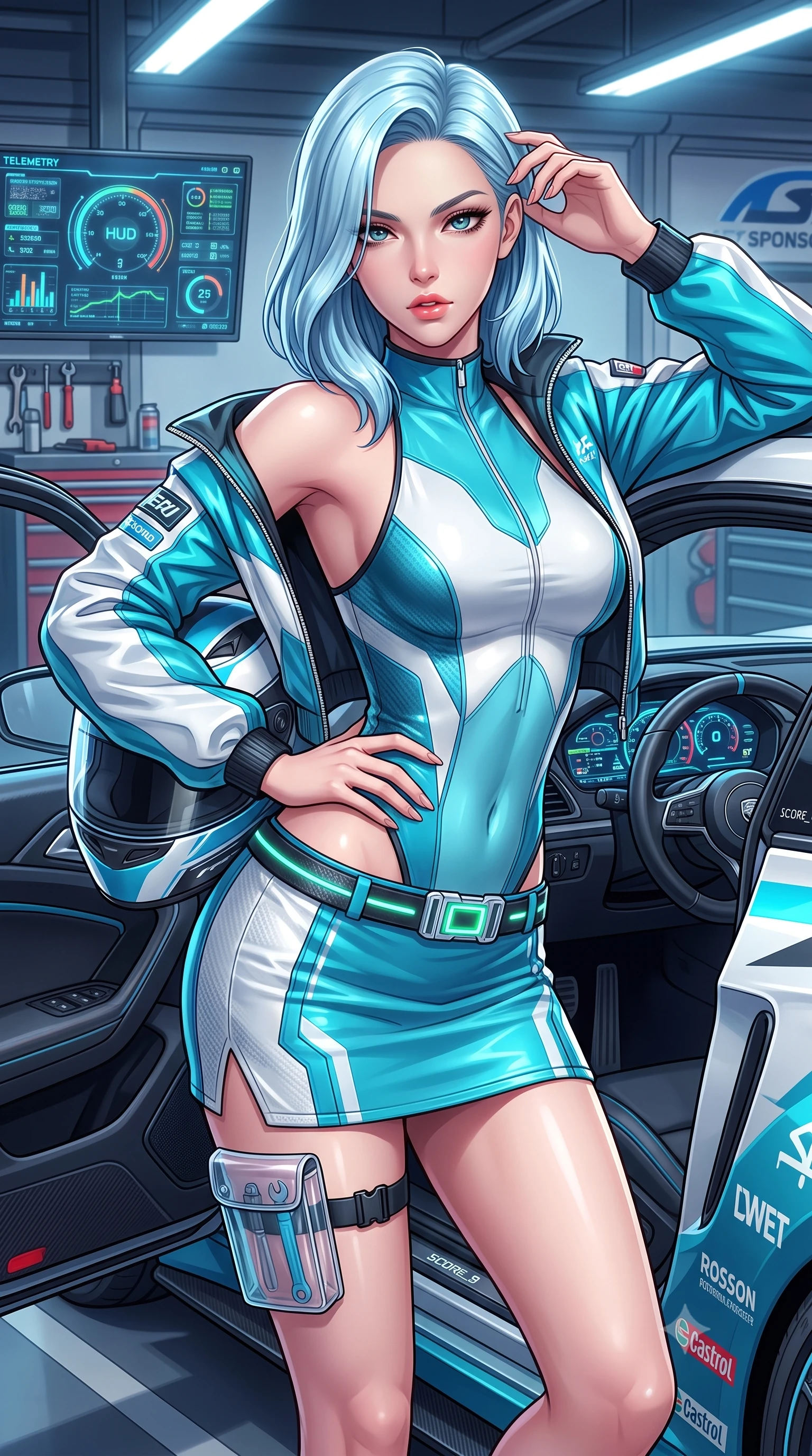 score_9, masterpiece, best quality, ultra-detailed, high-budget anime keyframe, semi-realistic 3D game render, editorial fashion photography, tasteful artistic composition, Korean woman. close-up cowboy shot from the waist and thighs up, the character dominates the composition, filling the frame with her large presence. arching her spine in an alluring serpentine S-curve, one hand resting on her waist with parted glossy lips and an intensely magnetic gaze while leaning deep against the driver's side door with hips cocked, helmet resting against her hip, smoldering gaze locking onto the lens. The surrounding environment is rendered in vivid detail and crisp panoramic clarity. detailed leather racing suit sponsor patches, zipper teeth, and glowing telemetry HUD screens in high resolution. She has an exceptionally elegant, slender, and willowy female figure with an ultra-slim waist, a gracefully sculpted slender torso, toned flat midriff, and a refined slim silhouette. sharp v-shaped jawline, high-bridge nose, intricate jewel-like eyes with depth, thick eyelashes, glossy parted lips with a natural sheen, intensely captivating and seductive expression, flawlessly proportioned anatomical accuracy, strict slender model proportions, natural body alignment, perfectly sculpted long slender limbs, ultra-slim waistline, clean dynamic posture without body distortion. wearing a sporty high-cut racerback bodysuit paired with an open technical windbreaker and micro-skirt in racing aqua blue and stark white, formed from ultra-sleek carbon-fiber reinforced composite with specular sheen, complemented by a neon LED belt buckle and translucent vinyl tool pouch, the liquid-tight tailored fabric emphasizing every curve of her tall, slender model proportions and sculptured silhouette. surrounded by a fierce, electrifying, and irresistibly intoxicating motorsport queen aura. highly saturated vibrant anime colors, detailed shading with soft gradients, rich glossy textures, high-contrast stereoscopic depth, volumetric dynamic lighting, master piece, 9:16 ratio