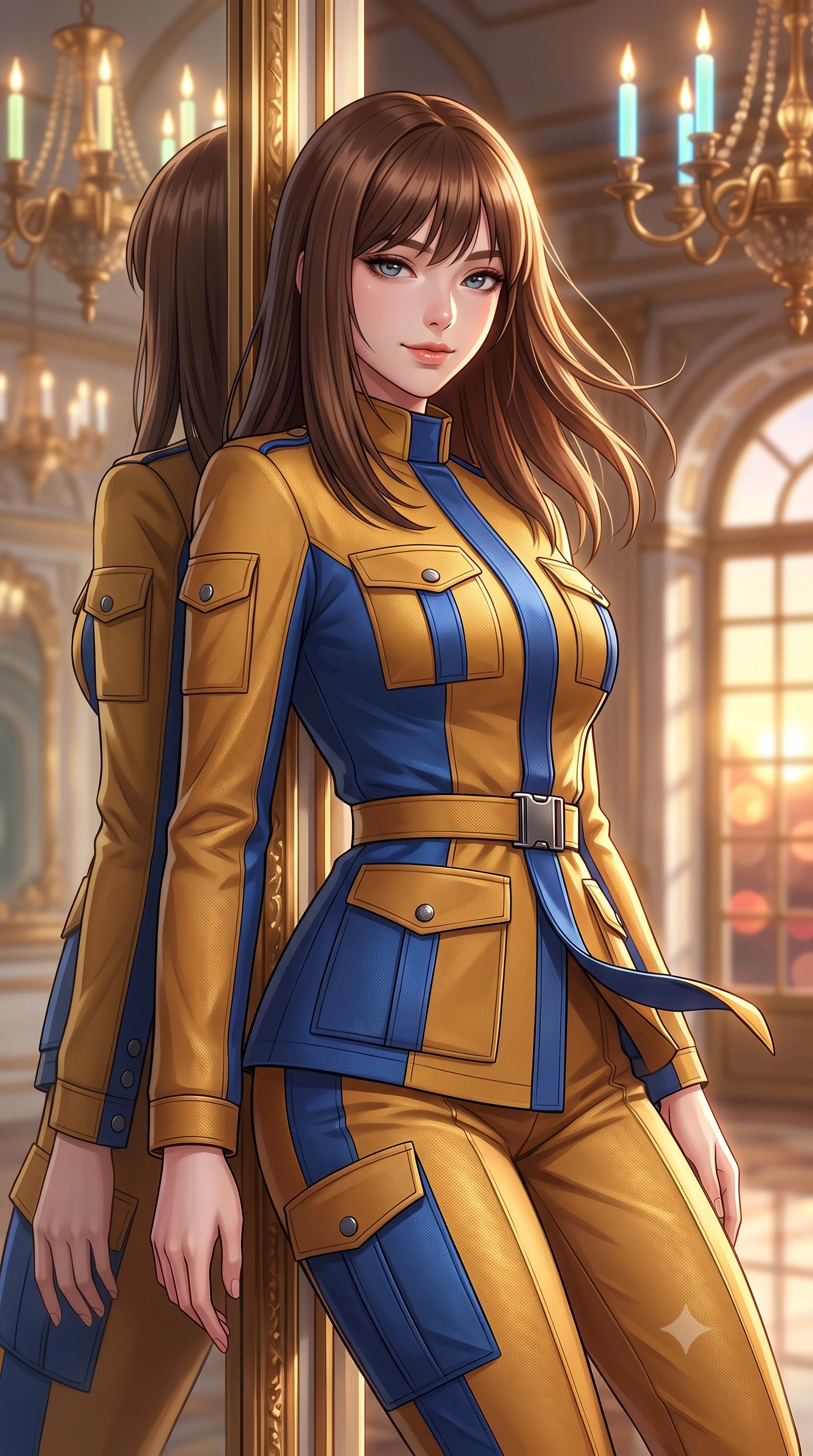 score_9, masterpiece, best quality, ultra-detailed, high-budget anime keyframe, semi-realistic 3D game render, editorial fashion photography, tasteful artistic composition, Korean woman. close-up cowboy shot from the waist and thighs up, the character dominates the composition, filling the frame with her large presence. turning slowly with an enchanting smoldering smile, her glossy hair tossing in the breeze as her hips angle gracefully in a captivating contrapposto while leaning against the gilded smart-mirror pier with hips cocked back, looking through infinite holographic reflections with intoxicated smoldering bedroom-eyes. The background shows a soft-focus infinite recursive mirror reflections, antique gilded chandeliers fitted with neon plasma candles, and setting sun through arched palace windows blurred into gold, copper, and ruby bokeh. She has an exceptionally elegant, slender, and willowy female figure with an ultra-slim waist, flat toned midriff, narrow ribcage, and sculpted feminine hips creating an alluring, slim hourglass silhouette without bulk. sharp v-shaped jawline, high-bridge nose, intricate jewel-like sparkling eyes with depth, thick eyelashes, glossy parted lips with a natural peach sheen, bright cheerful beaming smile with an enchanting and coquettish sensual glint, exuding both youthful cute charm and seductive allure, flawlessly proportioned anatomical accuracy, strict slender model proportions, natural body alignment, perfectly sculpted long slender limbs, ultra-slim waistline, clean dynamic posture without body distortion. wearing a tailored high-tech safari suit with storm flaps and streamlined utility pockets in matte carbon finish in Jovian amber and electric storm cobalt, tailored from high-density tech-wool with subtle metallic thread weave, finished with sleek magnetic buckle closures fluttering in the breeze, the bespoke structured tailoring following the natural line of her 8.5-heads silhouette with refined elegance. illuminated by mirror reflection bounce and sharp sunburst-gold rim lights defining her jawline, narrow waist, and curvy hips. highly saturated vibrant anime colors, detailed shading with soft gradients, rich glossy textures, high-contrast stereoscopic depth, volumetric dynamic lighting, master piece, 9:16 ratio