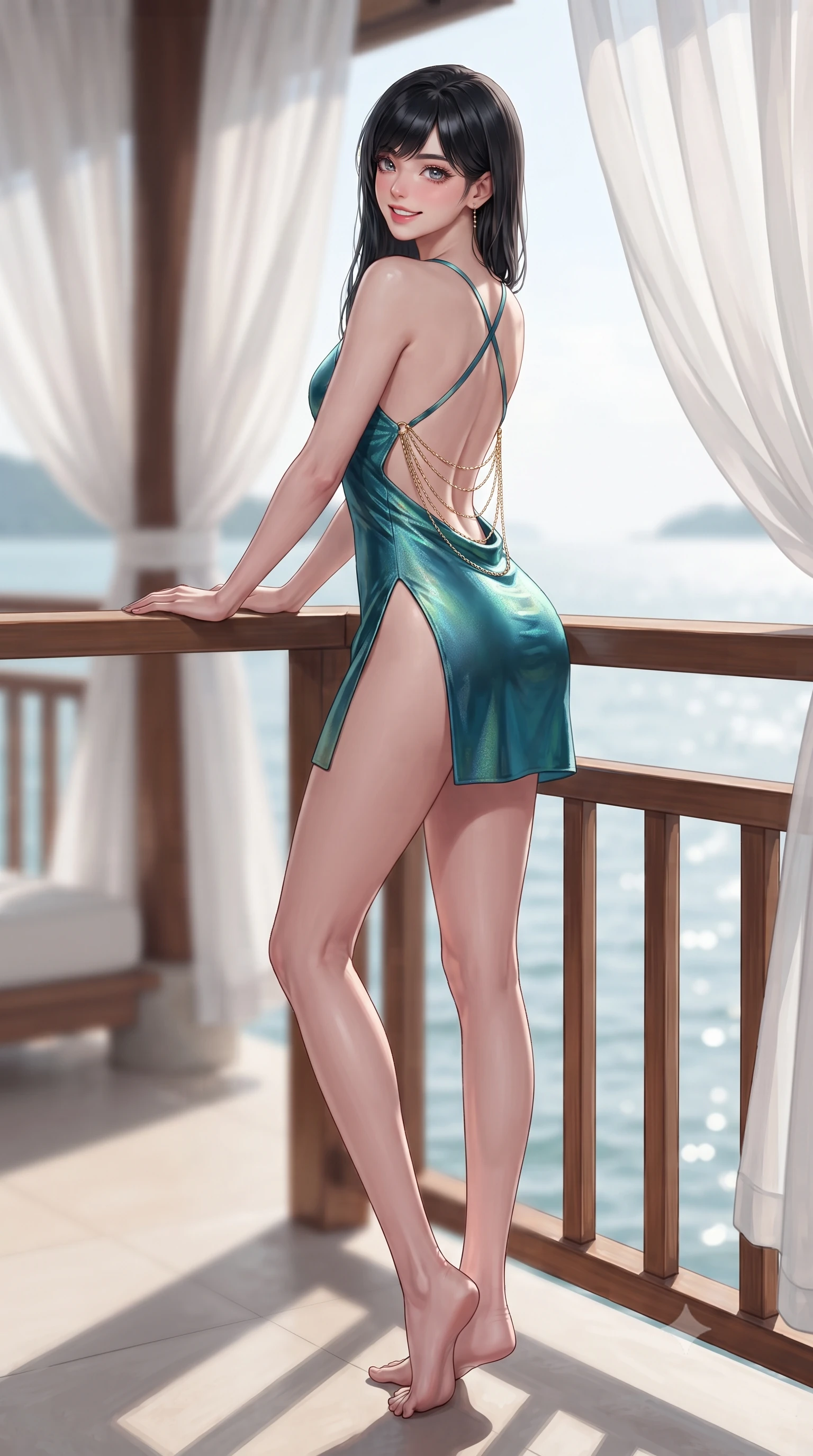 score_9, masterpiece, best quality, ultra-detailed, high-budget anime keyframe, editorial fashion photography, tasteful artistic composition, Caucasian woman. low angle full-body shot from head to toe showing her feet, filling the entire 9:16 vertical frame with her statuesque presence, stretching her vertical silhouette. walking along the terrace with poise, looking back over her bare shoulder with an irresistible smoldering bedroom-gaze while leaning against the teak balustrade of the private swim-up terrace with hips cocked back, casting an intoxicating bedroom-gaze over the calm South China Sea. The background shows a soft-focus billowing white outdoor gauze drapes softened in ultra-luxury tropical island retreat shallow focus. She has an exceptionally tall and slender model-like 8.5-heads proportion, an ultra-slim waist, a flat toned midriff, narrow delicate ribcage, and beautifully sculpted feminine hips creating a graceful, slim hourglass silhouette without any bulky heaviness, with impossibly long slender legs. sharp v-shaped jawline, high-bridge nose, intricate jewel-like sparkling eyes with depth, thick eyelashes, glossy parted lips with a natural peach sheen, bright cheerful beaming smile with an enchanting and coquettish sensual glint, exuding both youthful cute charm and seductive allure, flawlessly proportioned anatomical accuracy, strict slender model proportions, natural body alignment, perfectly sculpted long slender limbs, ultra-slim waistline, clean dynamic posture without body distortion. wearing a backless liquid lamé mini dress with criss-cross spinal straps and daring side slit in Verdon canyon emerald turquoise and dewy alabaster, tailored from ultra-plush silk velvet with rich tactile depth and deep shadow gradients, accented with an open-back drape framed by falling strands of delicate gold chains, the high-slit wrap tailoring accentuating her ultra-slim waistline and the enchanting curve of her feminine hips with alluring seductive charm. illuminated by reef water caustics bounce and sharp platinum-cyan rim lights sculpting her jawline, narrow waist, and curvy hips. ultra-reflective glossy finish, specular highlights, rich textural contrasts, high-contrast stereoscopic depth, volumetric dynamic lighting, 2k, ultra detail, master piece, 9:16 ratio