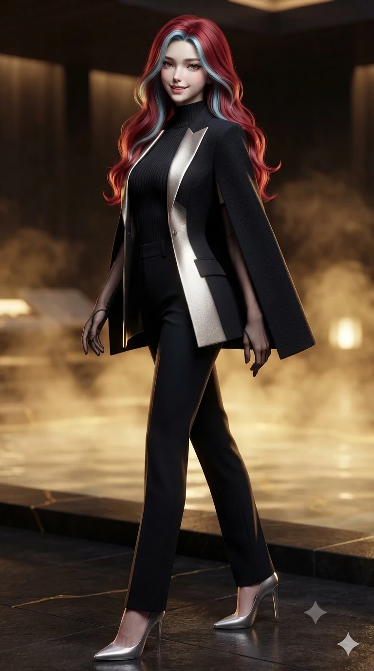 score_9, masterpiece, best quality, ultra-detailed, high-budget anime keyframe, editorial fashion photography, tasteful artistic composition, Caucasian woman. low angle full-body shot from head to toe showing her feet, filling the entire 9:16 vertical frame with her statuesque presence, stretching her vertical silhouette. executing a slow, graceful pivot turn as her skirt sways around her slender legs, glancing back with an enchanting, teasing sensual expression while standing poised on the heated black basalt terrace above the sunken kintsugi pool, arching her back with high-fashion supermodel confidence as warm golden mineral steam rises. The background shows a soft-focus thermal mineral steam softened in ultra-luxury private kintsugi spa shallow focus. She has an exceptionally tall and slender model-like 8.5-heads proportion, an ultra-slim waist, a flat toned midriff, narrow delicate ribcage, and beautifully sculpted feminine hips creating a graceful, slim hourglass silhouette without any bulky heaviness, with impossibly long slender legs. sharp v-shaped jawline, high-bridge nose, intricate jewel-like sparkling eyes with depth, thick eyelashes, glossy parted lips with a natural peach sheen, bright cheerful beaming smile with an enchanting and coquettish sensual glint, exuding both youthful cute charm and seductive allure, flawlessly proportioned anatomical accuracy, strict slender model proportions, natural body alignment, perfectly sculpted long slender limbs, ultra-slim waistline, clean dynamic posture without body distortion. wearing a tailored cyber-haute couture cape blazer layered over a high-neck ribbed knit top and tailored trousers in deep obsidian black and liquid molten platinum, crafted from bespoke double-faced cashmere with an exceptionally soft tactile finish, complemented by sheer opera-length evening gloves tracing her slender arms, the bespoke structured tailoring following the natural line of her 8.5-heads silhouette with refined elegance. illuminated by pool reflection bounce and sharp honey-gold rim lights sculpting her jawline, narrow waist, and curvy hips. ultra-reflective glossy finish, specular highlights, rich textural contrasts, high-contrast stereoscopic depth, volumetric dynamic lighting, 2k, ultra detail, master piece, 9:16 ratio