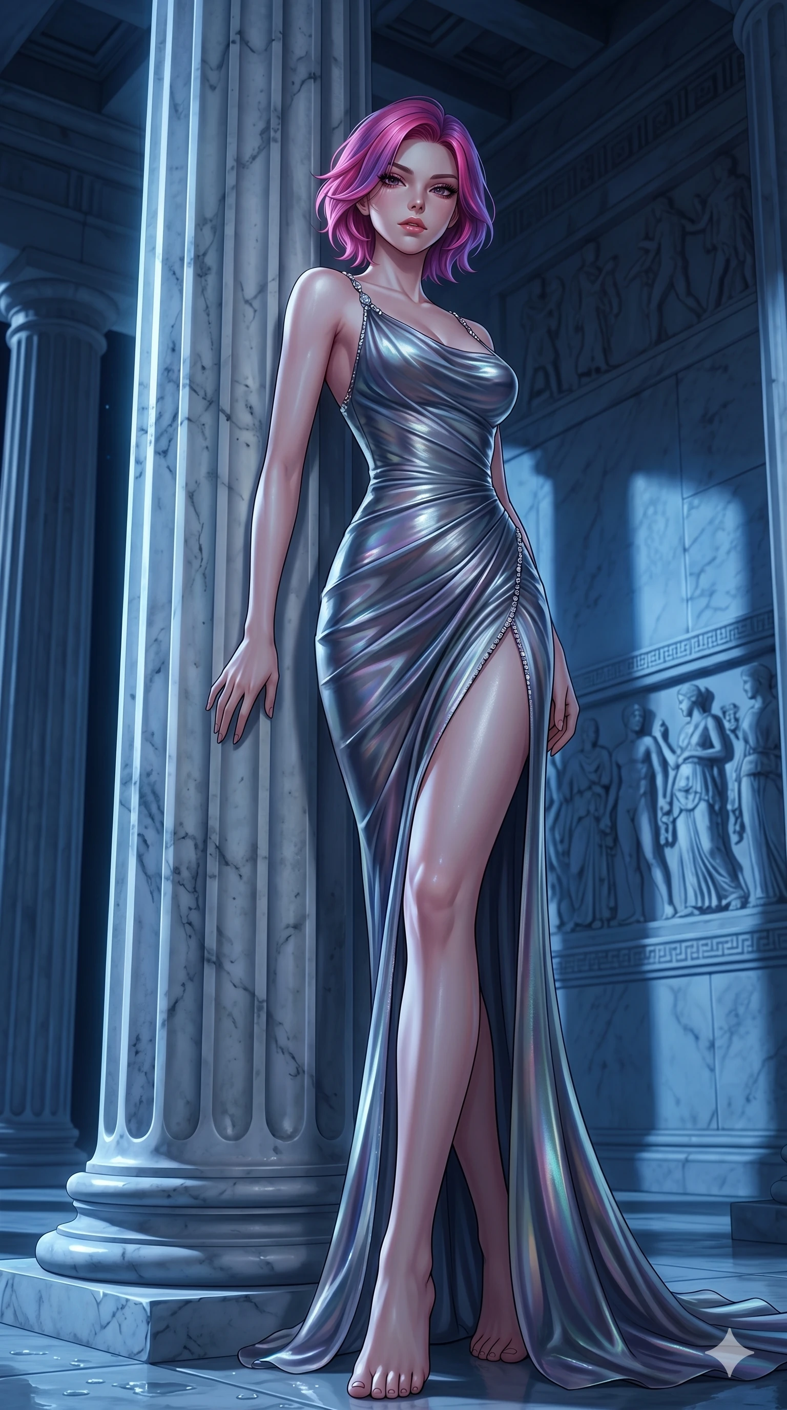 score_9, masterpiece, best quality, ultra-detailed, High-budget Anime Keyframe, East Asian woman. Low angle cowboy shot filling the entire 9:16 frame with her statuesque presence. Scenario 223: Leaning against a cold marble pillar in a moonlit greek temple. Her presence is magnetic and overpowering in this high-budget anime scene. Outfit 223: A shimmering chiffon liquid with a thigh-high slit and tight-fitting silhouette. The clothing is designed to emphasize her exceptionally tall and slender 8-heads proportion. 8-heads proportion, towering silhouette, ultra-slim waist. sharp v-shaped jawline, intricate jewel-like eyes with depth, thick eyelashes, glossy lips. 2k, ultra detail, master piece, 9:16 ratio