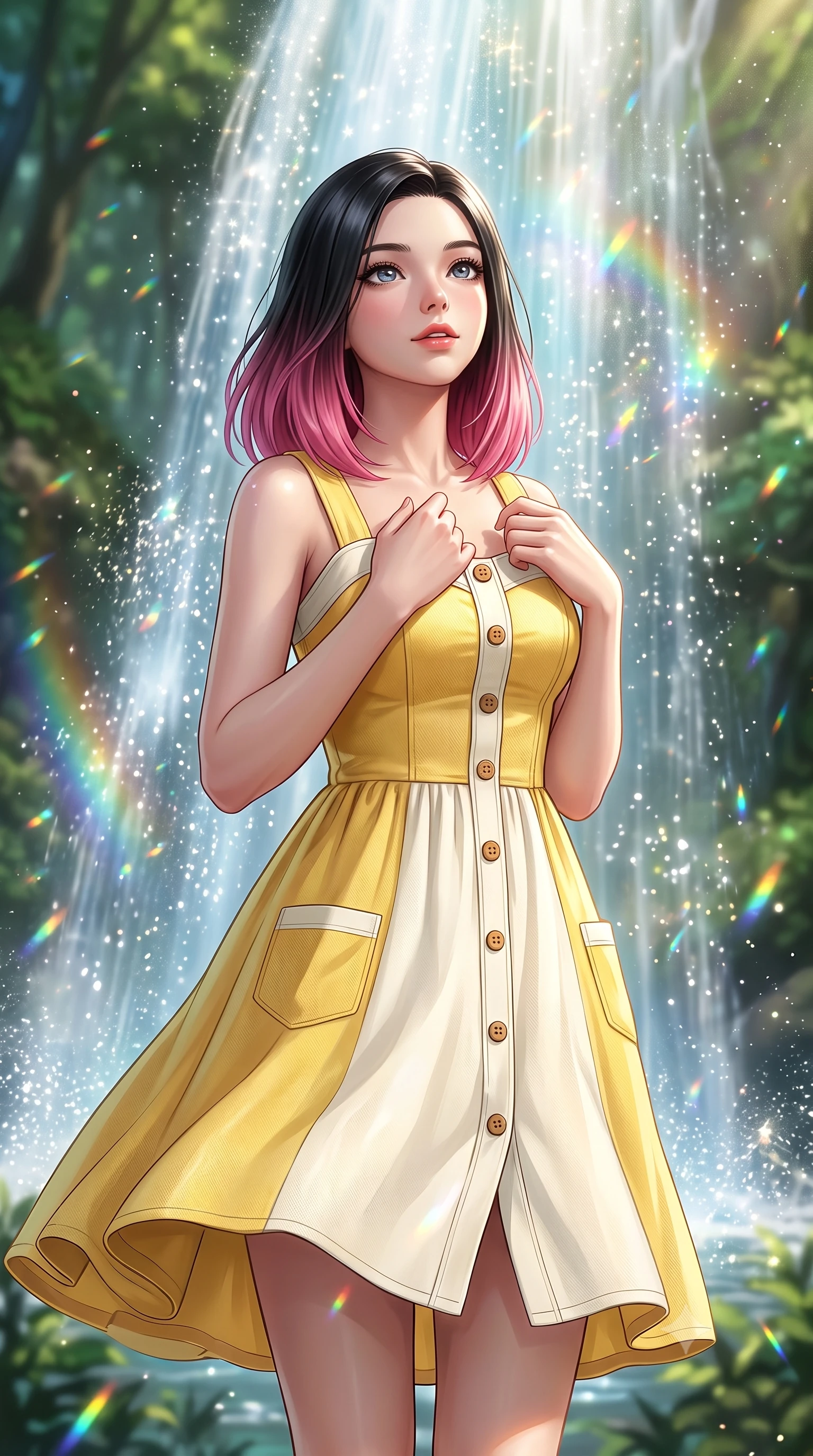 score_9, masterpiece, best quality, ultra-detailed, high-budget anime keyframe, semi-realistic 3D game render, editorial fashion photography, tasteful artistic composition, Korean woman. close-up cowboy shot from the waist and thighs up, the character dominates the composition, filling the frame with her large presence. holding her hands loosely near her heart with an enchanting, affectionate gaze looking directly into the lens while looking up at the shimmering waterfall with wonder and joy, water spray catching miniature rainbows in the sunlight. The composition keeps background elements in soft focus with creamy bokeh. sparkling waterfall mist and floating forest moisture scattering shimmering rainbow light motes. She has an exceptionally elegant, slender, and willowy female figure with an ultra-slim waist, a gracefully sculpted slender torso, toned flat midriff, and a refined slim silhouette. sharp v-shaped jawline, high-bridge nose, intricate jewel-like eyes with depth, thick eyelashes, glossy lips with a natural sheen, pure and lovely fresh girlhood expression, flawlessly proportioned anatomical accuracy, strict slender model proportions, natural body alignment, perfectly sculpted long slender limbs, ultra-slim waistline, clean dynamic posture without body distortion. wearing a vintage-inspired button-front cotton sundress with wide shoulder straps and side pockets in fresh buttercup yellow and clean cream white, made of comfortable premium stretch denim and airy cotton-jersey, finished with neat natural wooden buttons and patch pocket details, the breezy lightweight fabric fluttering softly against her delicate collarbones, narrow waist, and feminine curves. illuminated by soft emerald forest bounce light accentuating her natural beauty and lovely outfit. highly saturated vibrant anime colors, detailed shading with soft gradients, rich glossy textures, high-contrast stereoscopic depth, volumetric dynamic lighting, master piece, 9:16 ratio