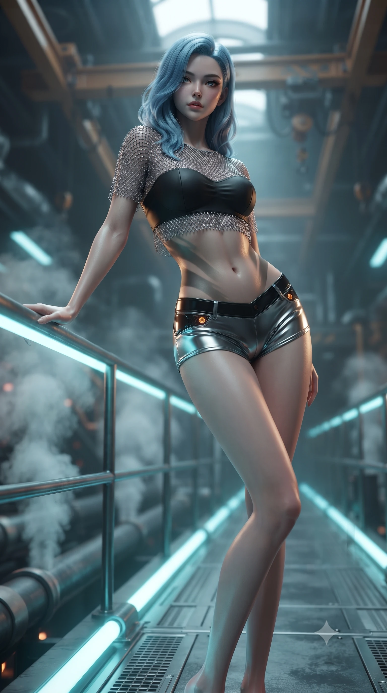 score_9, masterpiece, best quality, ultra-detailed, high-budget anime keyframe, editorial fashion photography, tasteful artistic composition, Korean woman. low angle full-body shot from head to toe showing her feet, filling the entire 9:16 vertical frame with her statuesque presence, stretching her vertical silhouette. standing in a tall, confident posture with one hand on a glowing metal railing, stretching her statuesque body as she arches her lower back to emphasize her sculpted feminine hips and slender waist while twisting her slender torso in an alluring S-curve on the catwalk, solar plasma radiation casting dynamic chiaroscuro shadows across her narrow waist and curvy hips. The background shows a soft-focus steam venting from coolant pipes and suspended gantry crane rails softened in dramatic sci-fi shallow focus. She has an absolutely perfect, statuesque 8.5-heads proportion, an exceptionally tall and slender model-like female figure with impossibly long slender legs, an ultra-slim waist, a flat toned midriff, narrow delicate ribcage, and beautifully sculpted feminine hips creating a graceful, slim hourglass silhouette without any bulky heaviness. sharp v-shaped jawline, high-bridge nose, intricate jewel-like sparkling eyes with depth, thick eyelashes, glossy parted lips with a natural sheen, bright confident smile with an enchanting and coquettish sensual glint, exuding both youthful magnetic charm and sovereign high-tech allure, flawlessly proportioned anatomical accuracy, strict slender model proportions, natural body alignment, perfectly sculpted long slender limbs, ultra-slim waistline, clean dynamic posture without body distortion. wearing a delicate silver chainmail mesh crop top layered over a sculpted matte black bandeau with low-rise combat shorts in liquid chrome silver and pitch black, tailored from brushed aeronautical titanium alloy with matte satin sheen, accented with subtle hexagonal heat-sink vents glowing with dim orange thermal heat, the liquid-tight tailored fabric clinging flawlessly to her narrow waist and rounded feminine hips, emphasizing every millimeter of her sculpted slim hourglass curves without any bulky heaviness. illuminated by cool cyan emergency floor guides and sharp amber rim lighting sculpting her razor-sharp jawline, narrow waist, and curvy hips. ultra-reflective glossy finish, specular highlights, rich textural contrasts, high-contrast stereoscopic depth, volumetric dynamic lighting, 2k, ultra detail, master piece, 9:16 ratio