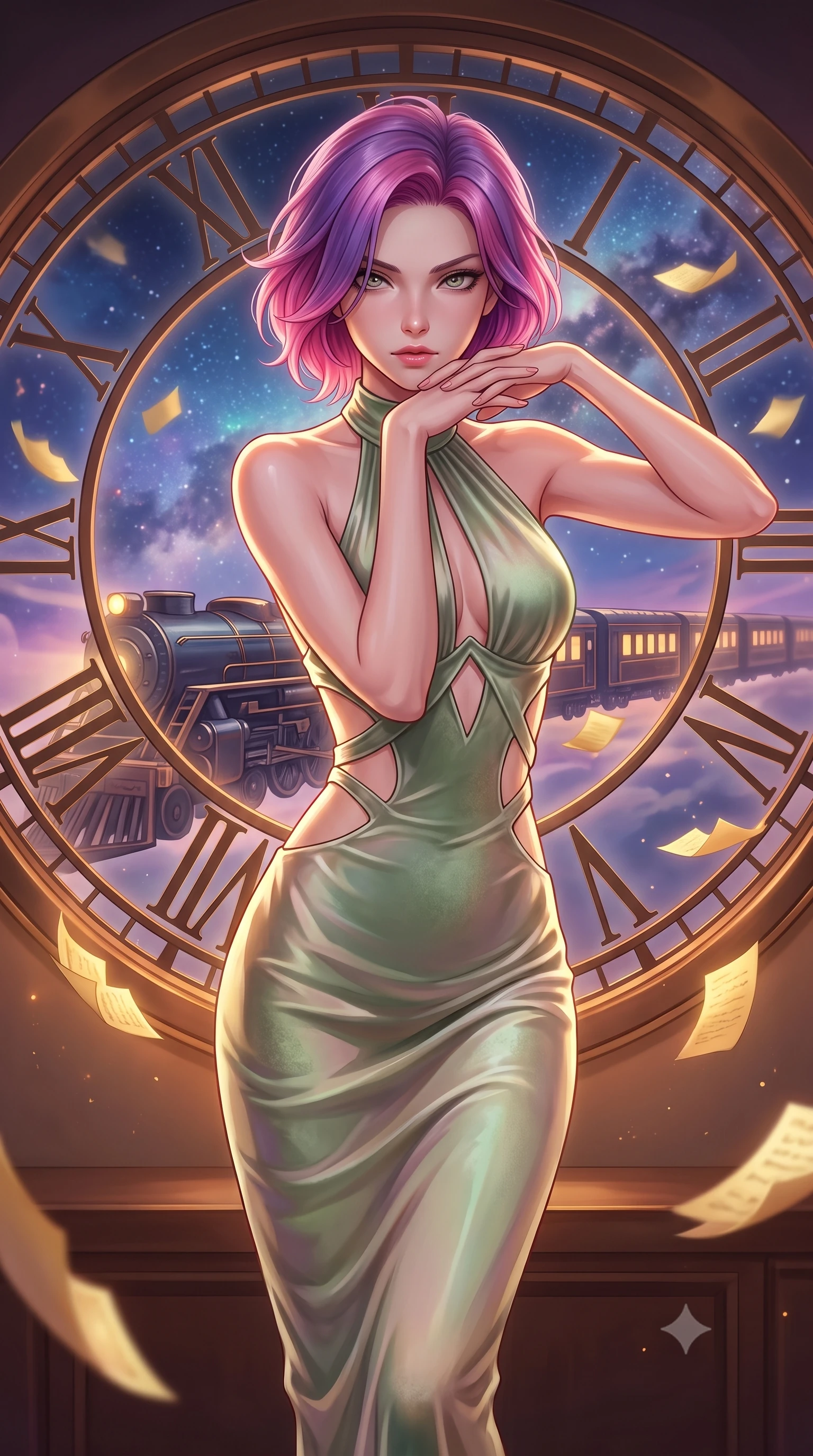 score_9, masterpiece, best quality, ultra-detailed, high-budget anime keyframe, editorial fashion photography, tasteful artistic composition, Caucasian woman. close-up cowboy shot from the waist and thighs up, the character dominates the composition, filling the frame with her large presence, background elements kept in soft focus. Resting her chin on the backs of her fingers, casting a sharp, mysterious gaze gazing out a massive circular clock window at a twilight galaxy express train, golden paper pages fluttering gently around her in a magical breeze. She has an exceptionally elegant, slender, and willowy female figure with an ultra-slim waist, a gracefully sculpted slender torso, and a refined silhouette. sharp v-shaped jawline, high-bridge nose, intricate jewel-like eyes with depth, thick eyelashes, glossy lips with a natural sheen. wearing a velvet halter-neck midi dress following her form like a glove in sage green and oatmeal, crafted from iridescent chiffon that shifts colors in the light, featuring clean architectural cutouts along her slender torso, the sleek second-skin texture accentuating her magnetic presence. bathed in warm twilight amber backlighting and rich metallic specular glow. highly saturated vibrant anime colors, detailed shading with soft gradients, rich glossy textures, high-contrast stereoscopic depth, volumetric dynamic lighting, master piece, 9:16 ratio