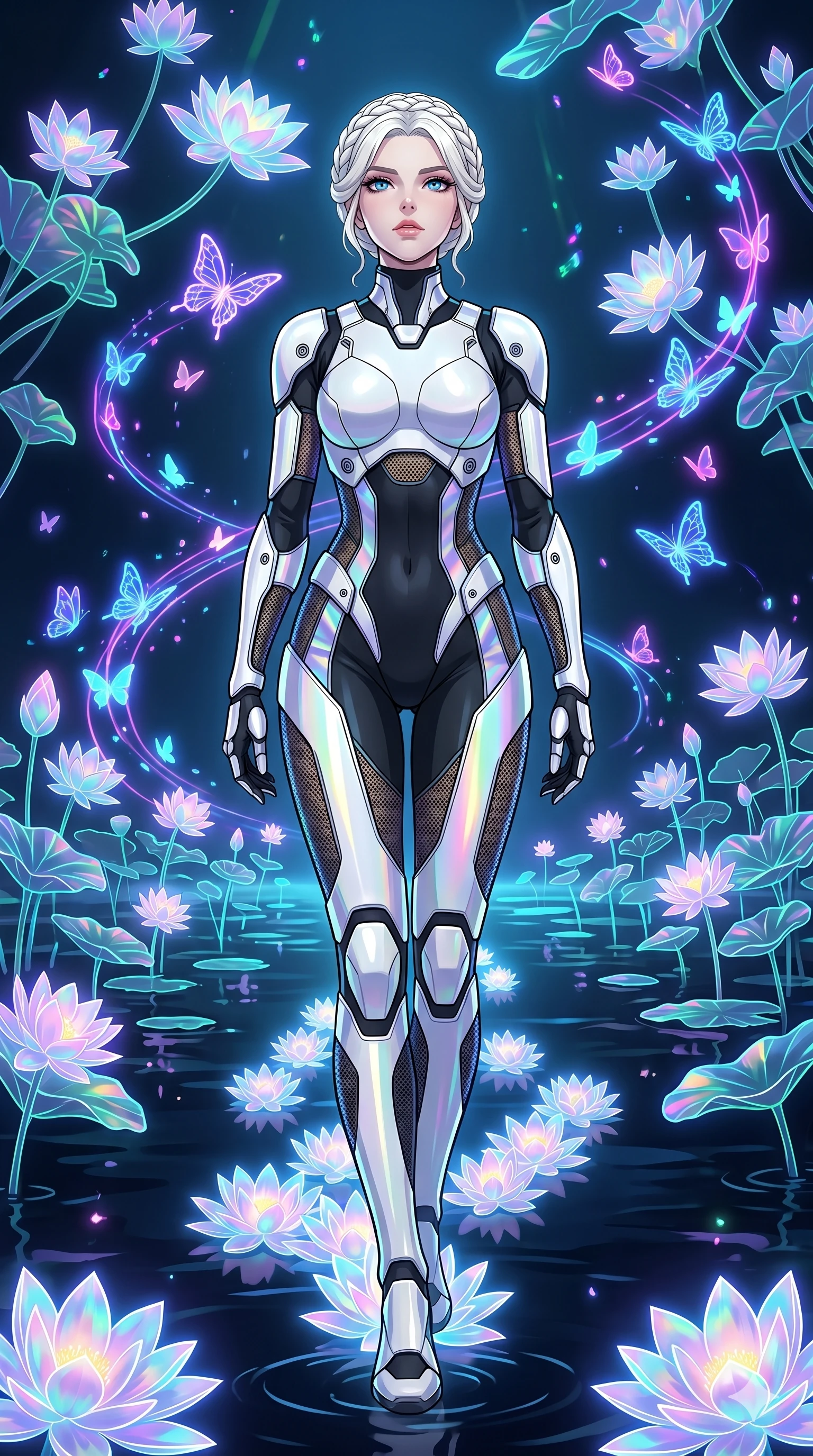 score_9, masterpiece, best quality, ultra-detailed, High-budget Anime Keyframe, vibrant colors, fluid line-art, expressive lighting, cinematic composition, Ufotable-style visual effects, top-tier animation quality, Caucasian woman with pale skin and refined features. Low angle cowboy shot filling the entire 9:16 frame with her statuesque presence, looking up to emphasize her height. Creating a path of glowing lotus flowers with every step across a dark lake. She has an absolutely perfect 8-heads proportion, an exceptionally tall and slender female figure with impossibly long slender legs and an ultra-slim waist, her statuesque height and towering silhouette dominating the vertical 9:16 frame. Her face is a masterpiece featuring a sharp v-shaped jawline, high-bridge nose, intricate jewel-like eyes with depth, thick eyelashes, and glossy lips with a natural sheen. She is wearing a White chrome-plated armor plating over a black plugsuit, featuring holographic fabric that shifts colors based on light and peek-a-boo mesh.. The scene is set in a digital garden filled with holographic lotus flowers and neon butterflies. 2k, ultra detail, master piece, 9:16 ratio