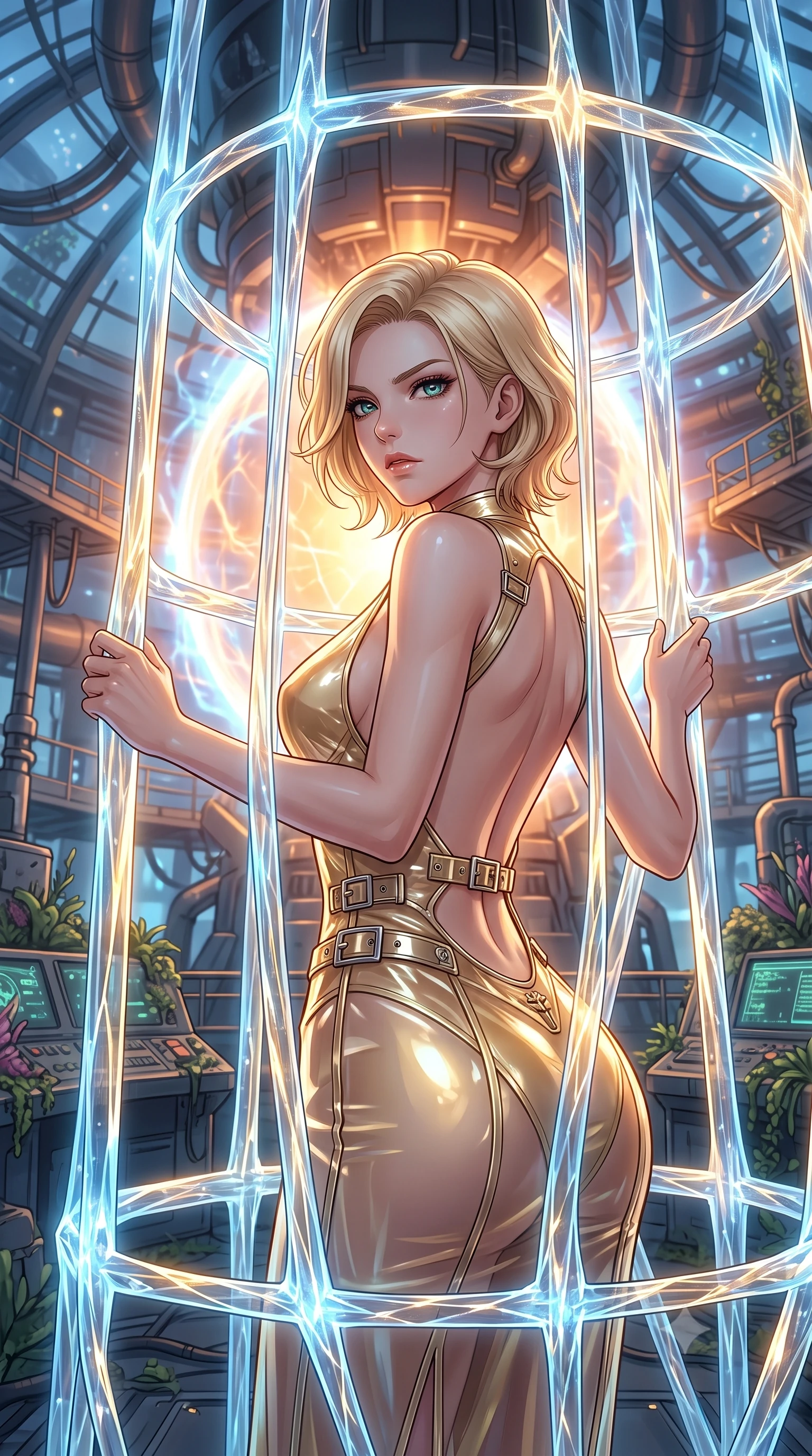 score_9, masterpiece, best quality, ultra-detailed, High-budget Anime Keyframe, Caucasian woman, strictly human ears. Low angle cowboy shot filling the entire 9:16 frame with her statuesque presence. Scenario 383: trapped in a cage of glowing crystalline fibers, her body pressing against the bars, in a secret bio-dome containing a giant glowing fusion reactor. Her presence is magnetic and overpowering in this high-budget anime scene. Outfit 383: a tailored translucent PVC gold with a backless design and metallic buckles. The clothing is designed to emphasize her exceptionally tall and slender 8-heads proportion. 8-heads proportion, towering silhouette, ultra-slim waist. sharp v-shaped jawline, intricate jewel-like eyes with depth, thick eyelashes, glossy lips. 2k, ultra detail, master piece, 9:16 ratio